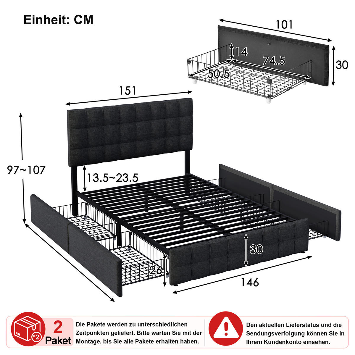 TAPECIRANI KREVET 140/200 cm u crnom lanu s 4 ladice i podesivim uzglavljem - crna, drvni materijal/tekstil (140/200cm) - WISHDOR
