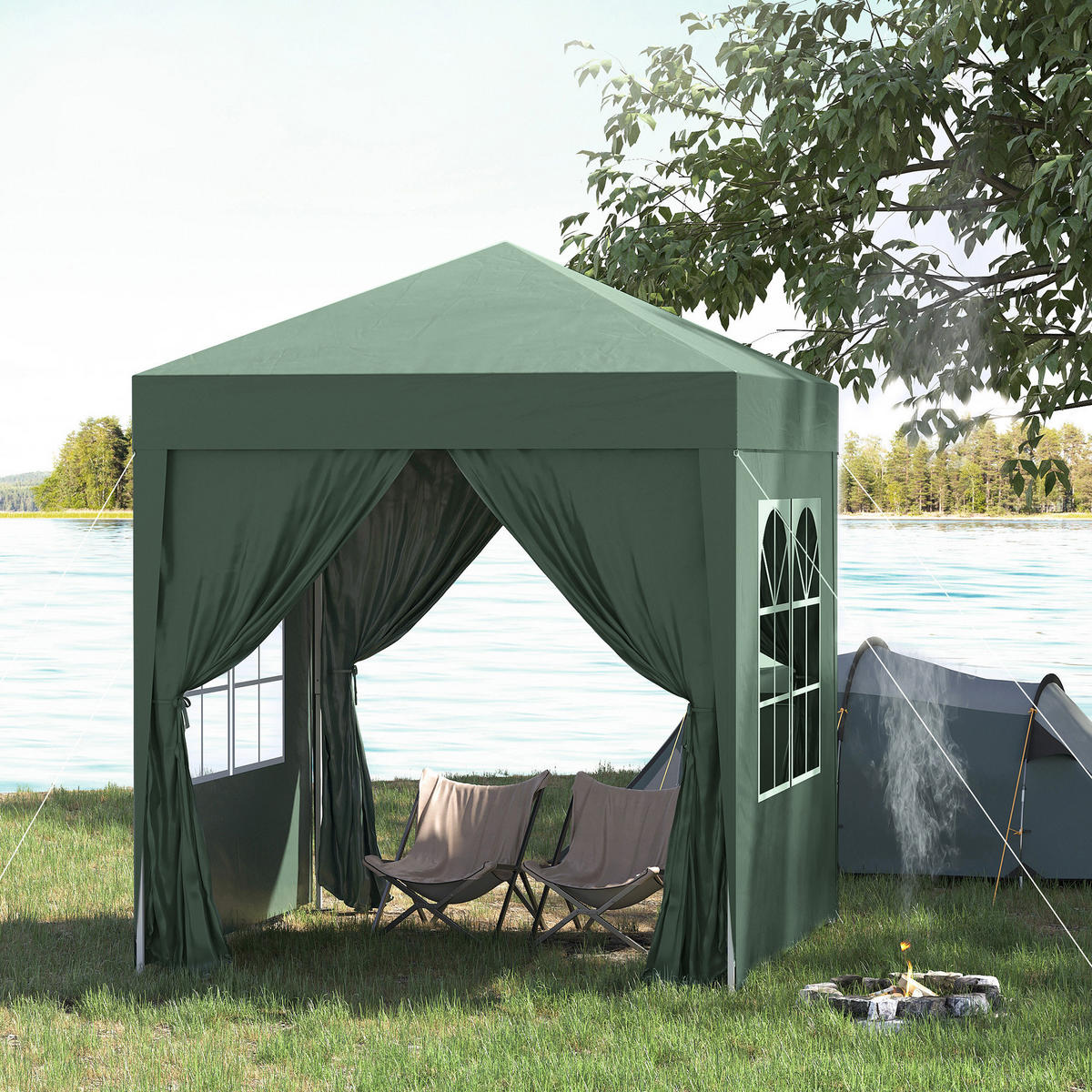 FALTPAVILLON, Bierzelt, 4 abnehmbare Seitenwände, 2 Fenster, Metallrahmen, 2 x 2m, Dunkelgrün - Dunkelgrün, Metall (200/240/200cm)