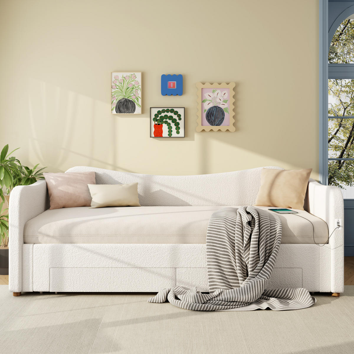 POLSTERBETT 90/200 cm ausziehbar auf 180/200 cm mit 2 Schubladen, USB- und USB-C-Anschluss, Bouclé, Beige - Beige, Textil (90/200cm) - Redom