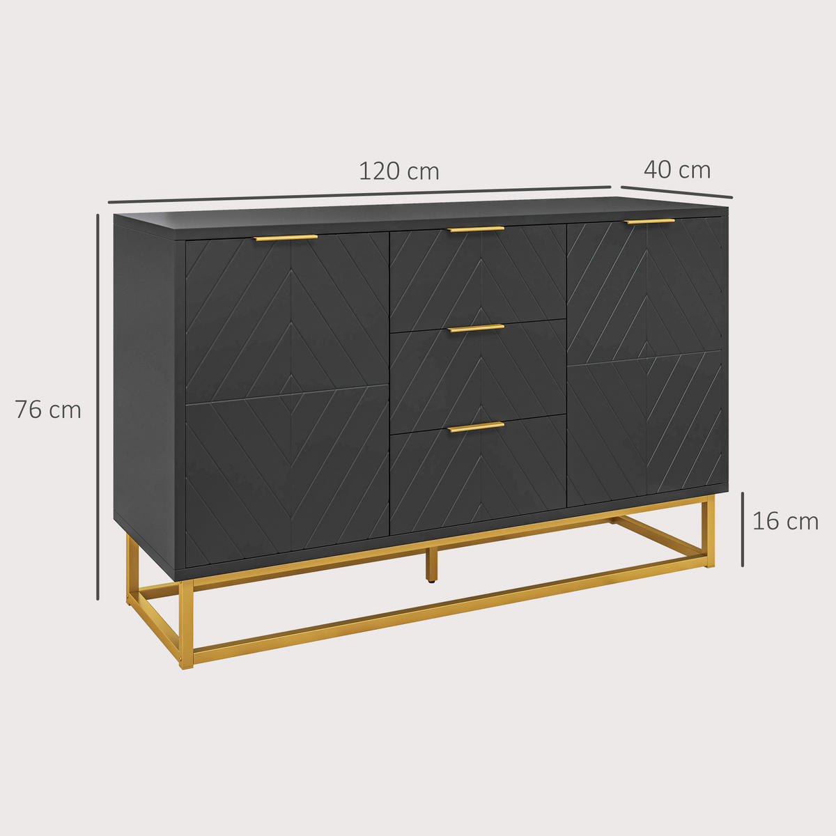 SIDEBOARD Schwarz-Gold, 2 Türen, 3 Schubladen, 120/40/76 cm - Schwarz, Holz (120/76/40cm) - PANGIVO