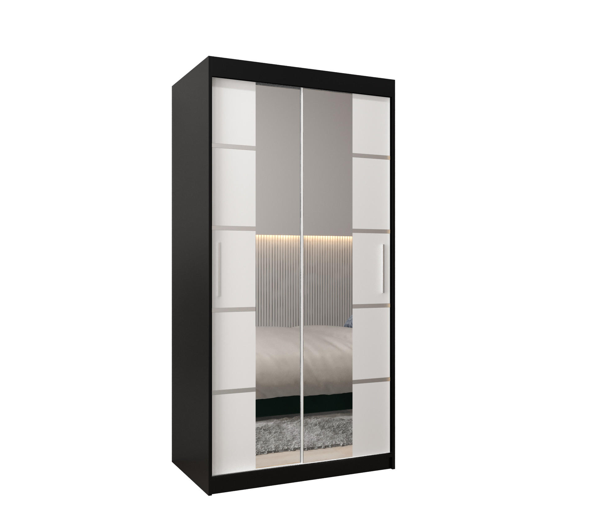 Abiks Möbel Schwebetürenschrank Schwarz, Weiß, Silber 100x200x62 cm