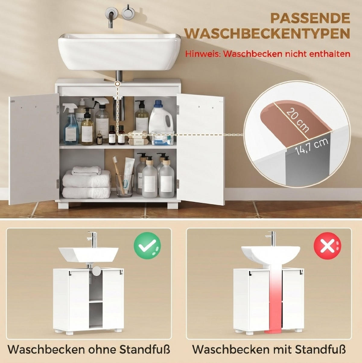 WASCHBECKENUNTERSCHRANK aus Holz/MDF 60x30x60 cm Weiß mit U-förmigem Ausschnitt, verstellbarem Regal & Kippsicherung - Weiß, Holz (60/60/30cm) - Modfu