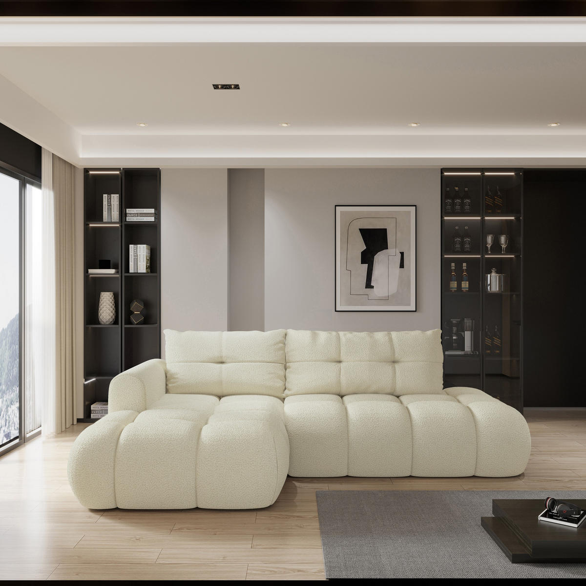 ECKSOFA FLUMA L-S Creme Boucle-Stoff mit Schlaffunktion - Creme, Holz (274/165cm) - MASSENO