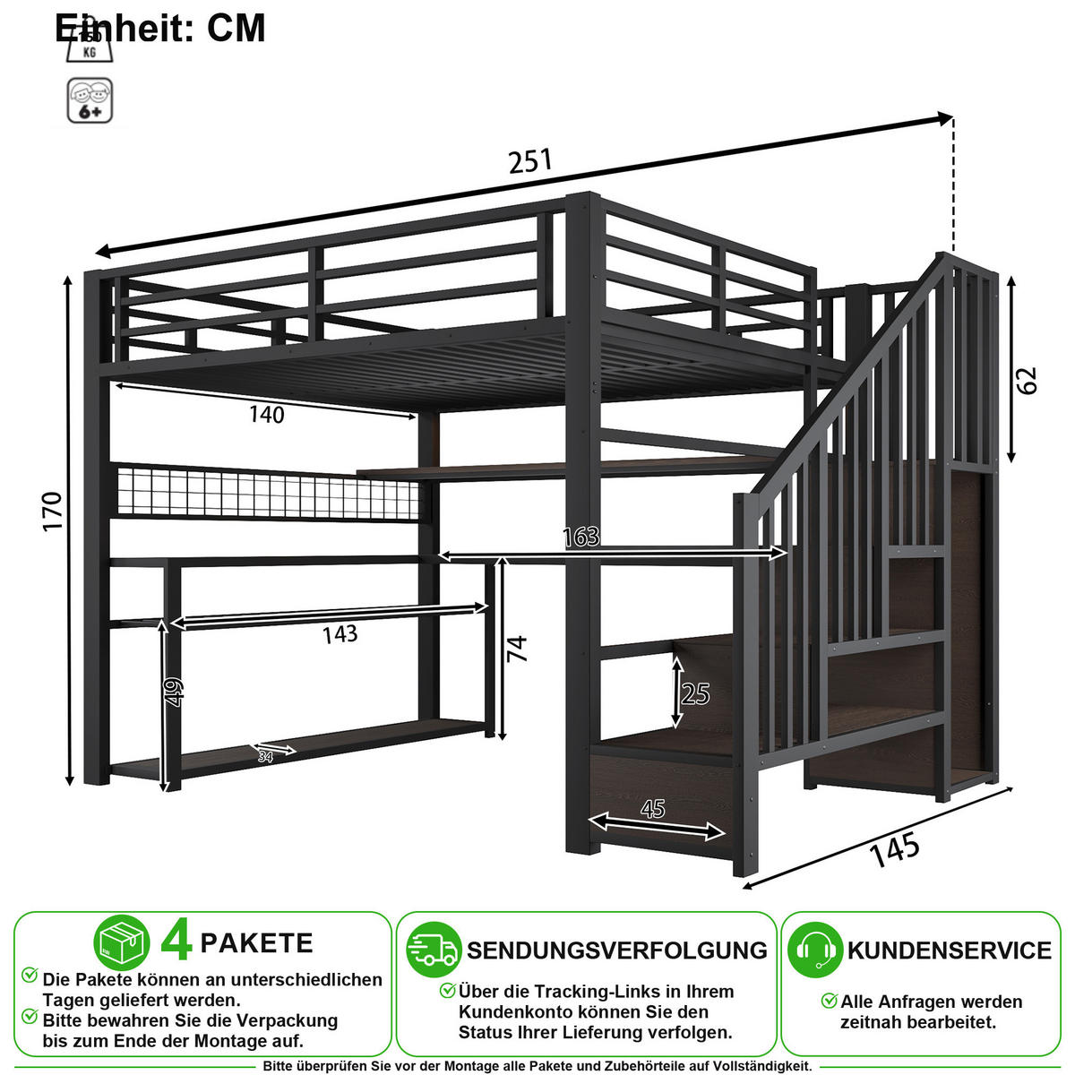 HOCHBETT 140/200 cm in Schwarz mit LED, Schreibtisch, Kleiderschrank und Stauraum aus Metall - Schwarz, Holzwerkstoff/Metall (140/200cm) - CHICFURN