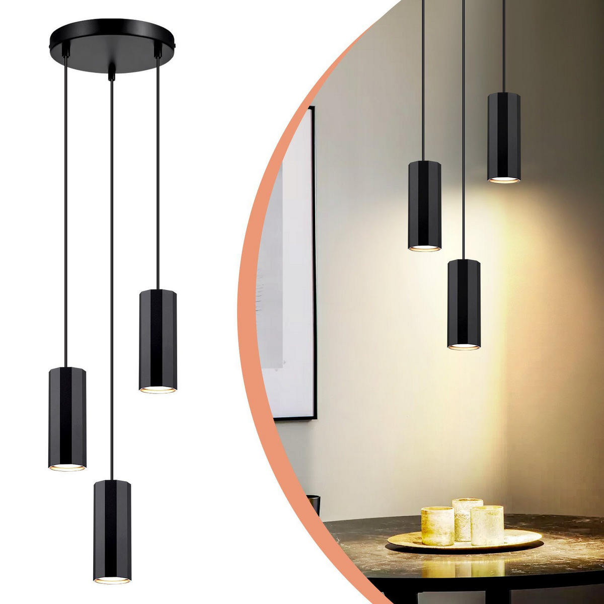 HÄNGELEUCHTE Stärke 3-flammig 20/20/170 cm - Schwarz, Metall (20/20/170cm) - Nettlife