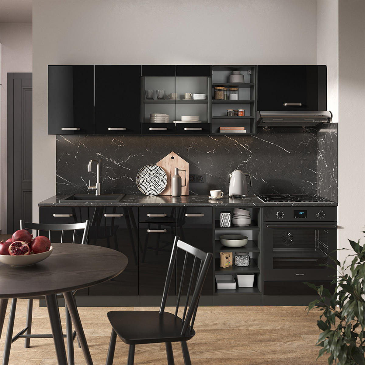 KÜCHENZEILE R-Line Schwarz Hochglanz/Anthrazit 240 cm, AP Eiche - Schwarz Hochglanz/Anthrazit, Holzwerkstoff (240/81.6/60cm) - Vicco