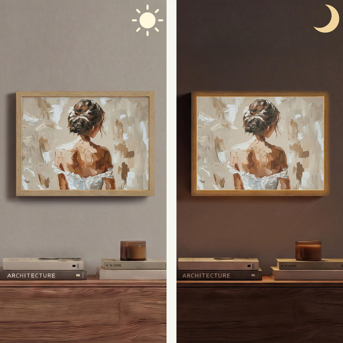 NÁSTĚNNÁ LAMPA S AKUMULÁTOREM Žena - malba - abstraktní - béžová - moderní 40x30 cm - světle hnědá, kompozitní dřevo (40/30/8cm) - OnlyWow