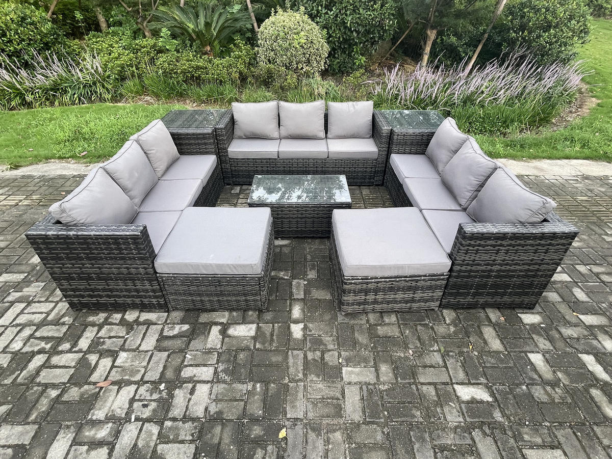 GARTENSET mit Beistelltisch Polyrattan 11-Sitzer - Dunkelgrau, Metall - Fimous