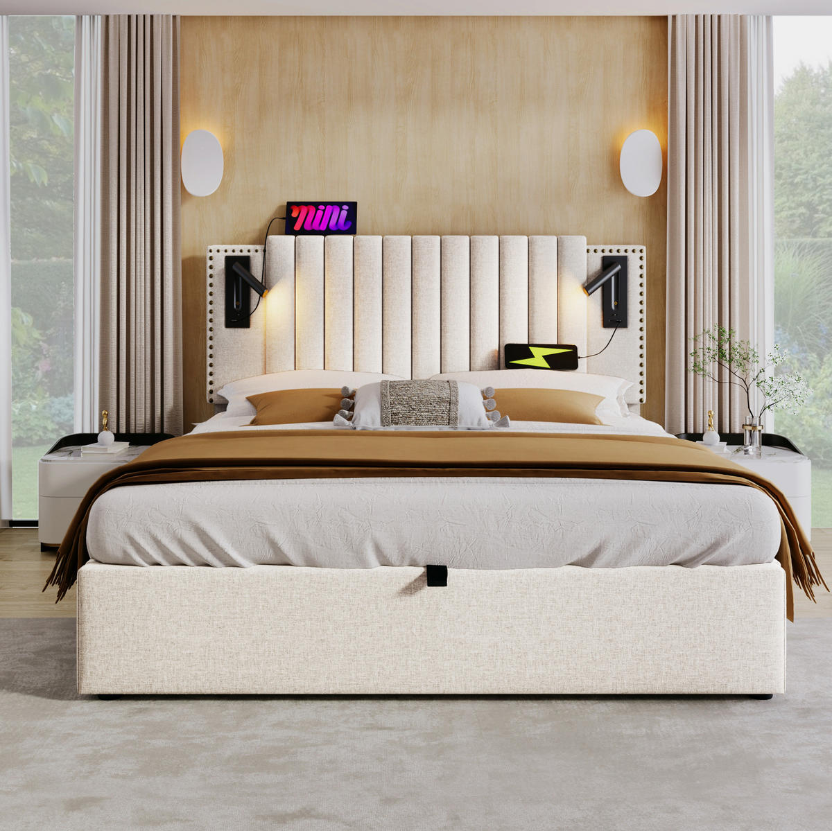 ČALOUNĚNÁ postel 180/200 cm béžová z bavlny s úložným prostorem a čtecím světlem - béžová, textil (180/200cm) - OKWISH