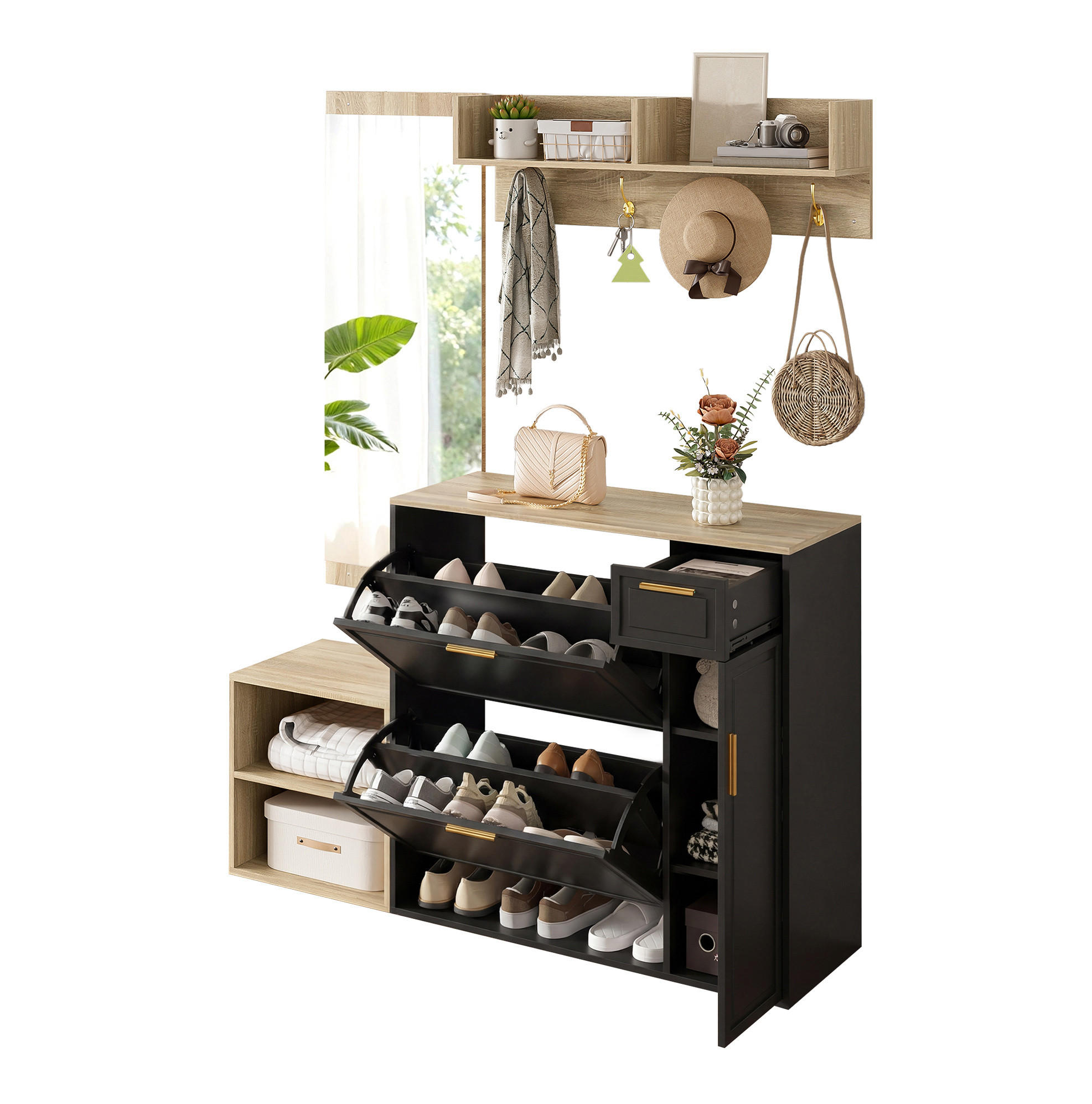 GARDEROBENSET 139,5/35/166 cm in Natur/Schwarz, 4-teilig mit Spiegel - Schwarz, Holzwerkstoff (130/174/30cm) - BEAOK