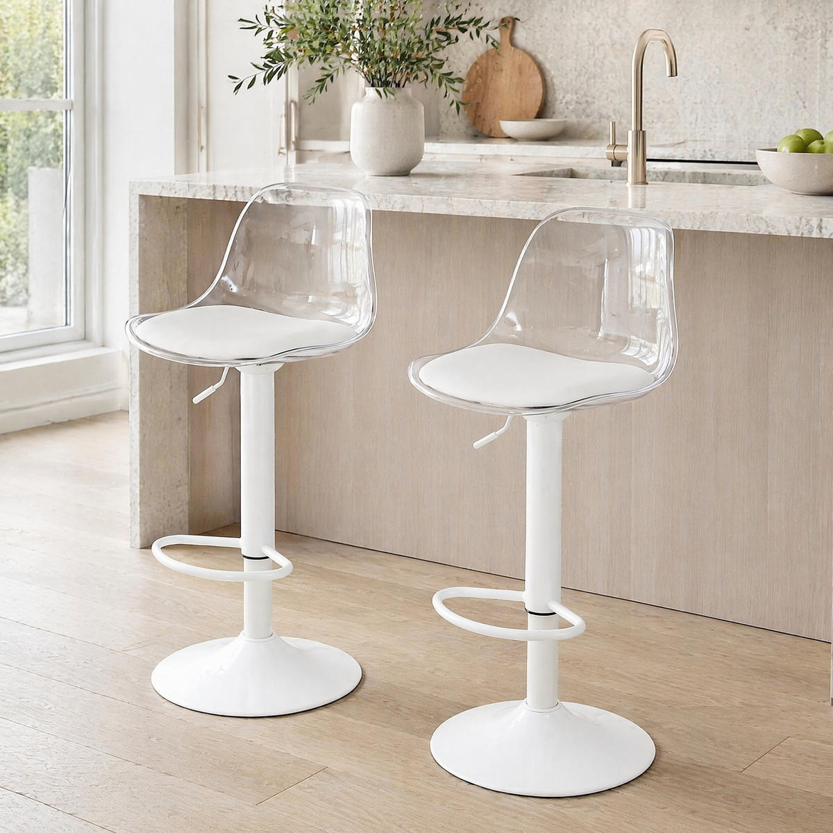 BARHOCKER 2er-Set höhenverstellbar Weiß mit transparenter Rückenlehne - Weiß, Metall (40.5/104/40.5cm) - MIVRAY