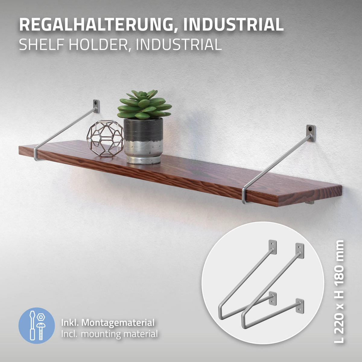 REGALHALTERUNG 2er Set 220mm Silber - Silberfarben, Metall (18/2.3/22cm) - ML-DESIGN