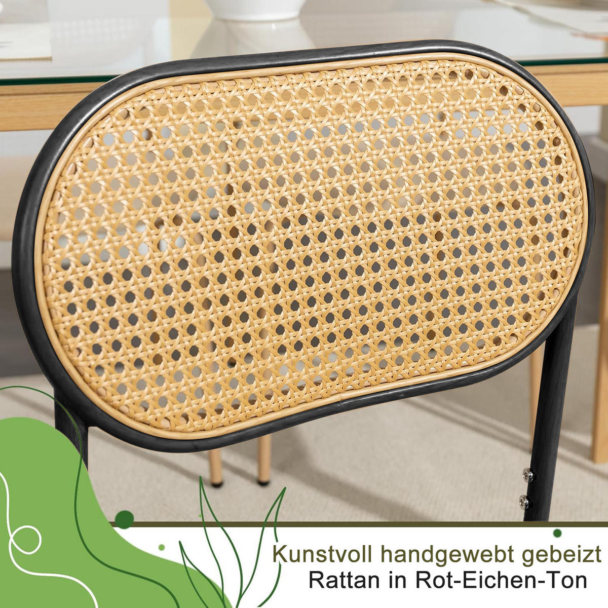 VIERFUSSSTÜHLE 2 Esszimmerstühle, gepolsterte Stühle, Stühle mit Rattan-Rückenlehne, Küchenstühle, Wohnzimmerstühle - Schwarz, Holz (48/80.5/44.5cm) - WoodenAura