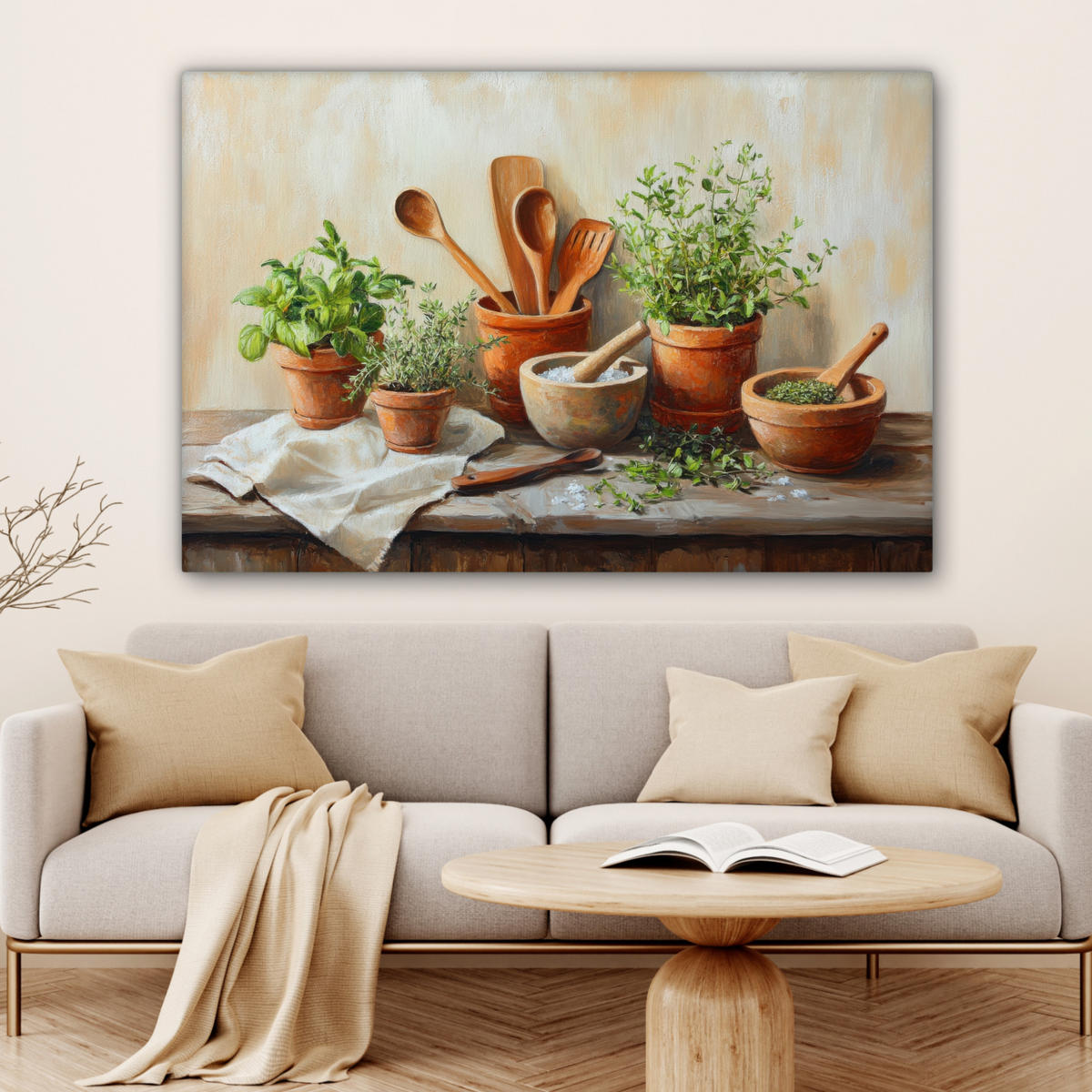 LEINWANDBILD Töpfe - Kräuter - Holz Wohnzimmer 120x80 cm - Terracotta, Textil (120/80cm) - MuchoWow