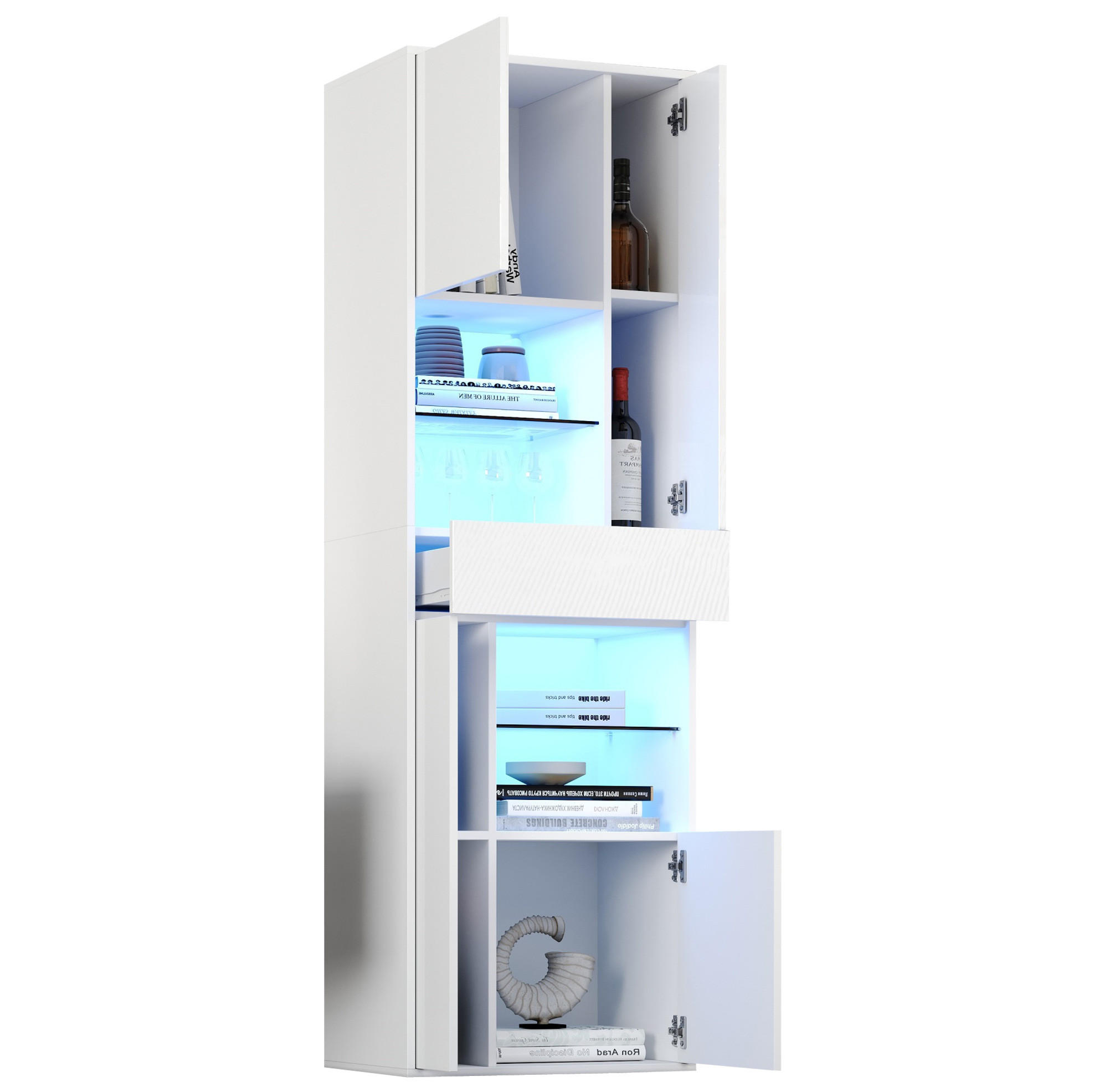 VITRINE 55/38/170 cm weiß aus Spanplatte mit LED-Hochglanzfront - Weiß, Holzwerkstoff (55/170/38cm) - OKWISH