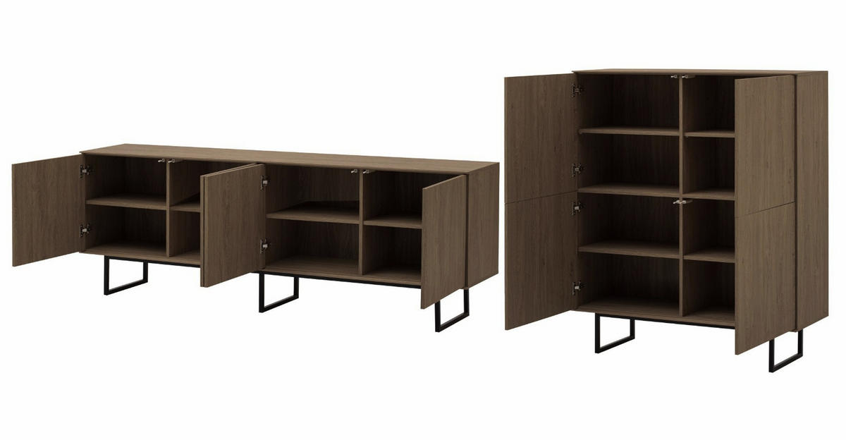 WOHNWAND in Nussbaum 2-teilig 330 cm, Komplett-Set mit Push-to-Open - Nussbaumfarben/Schwarz, Holzwerkstoff/Metall (330/137/40cm) - Furn.Design