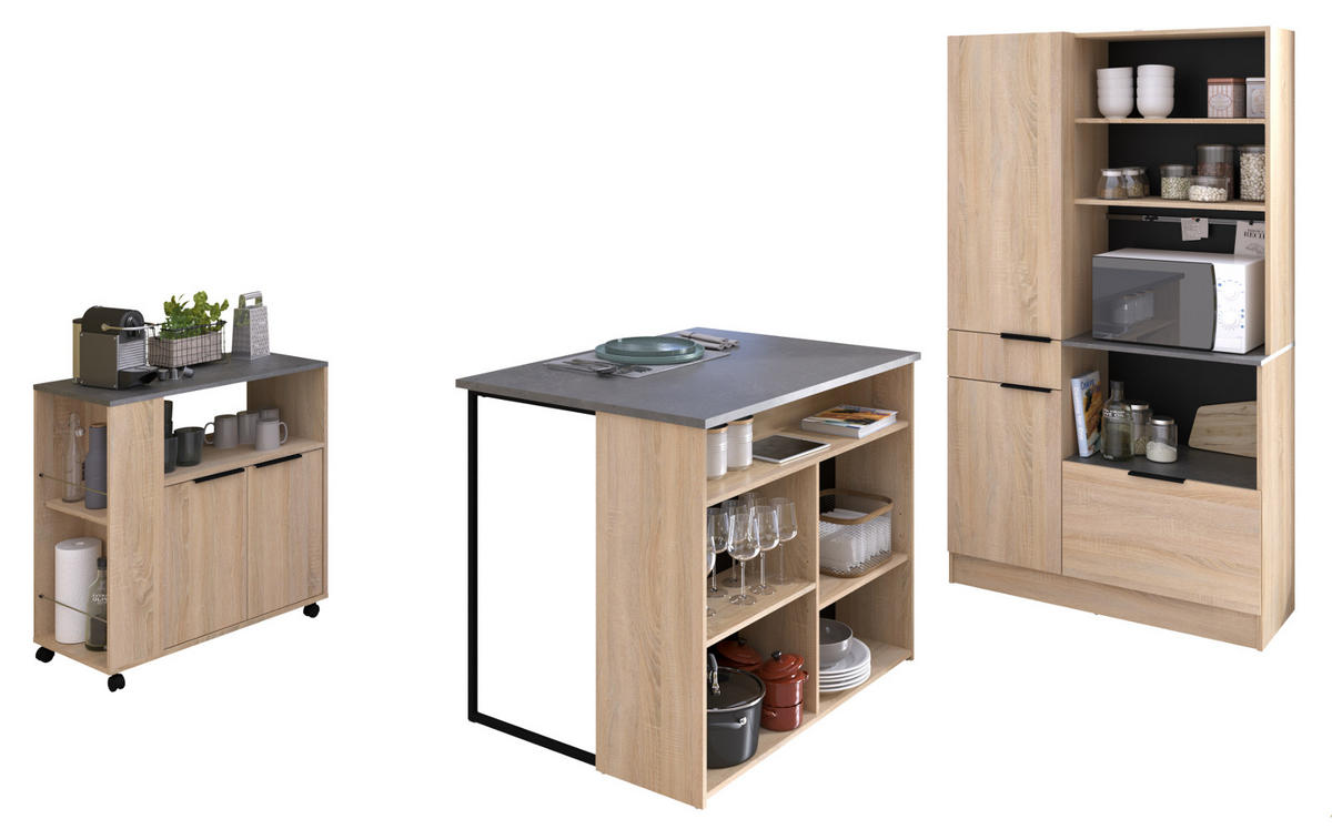 MINIKÜCHE Eiche, grau, Set 3-teilig mit Buffet, Kücheninsel und Schrank - Eichefarben/Schwarz, Holzwerkstoff/Kunststoff (284/184/80cm) - Parisot Meuble