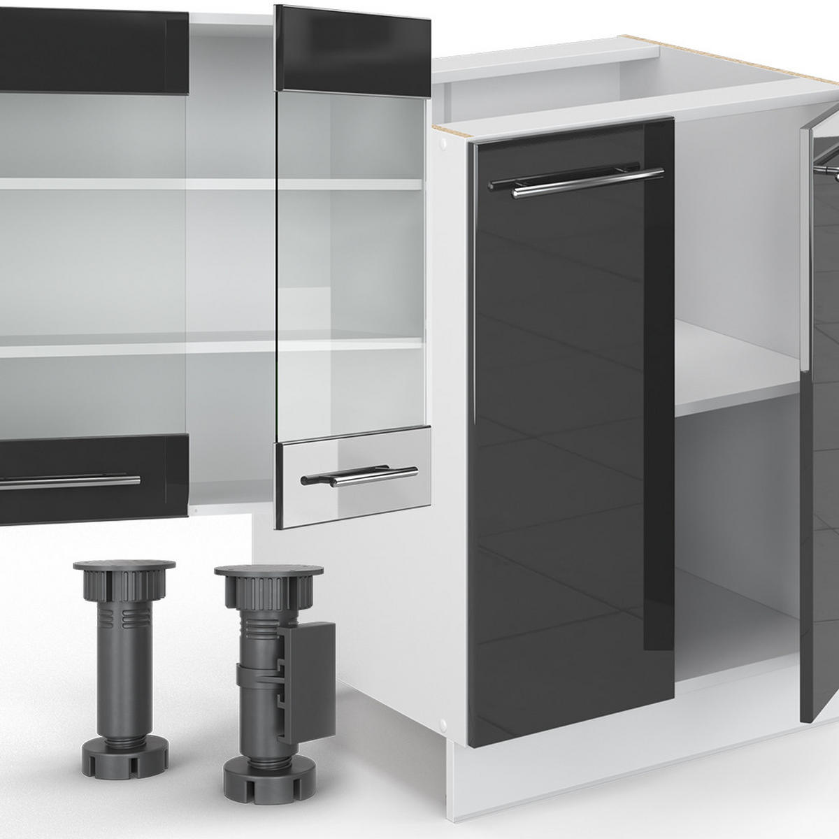 KÜCHENZEILE Fame-Line Anthrazit Hochglanz/Weiß 300 cm mit Hochschrank AP Eiche - Anthrazit/Weiß, Holzwerkstoff (300/81.6/60cm) - Vicco