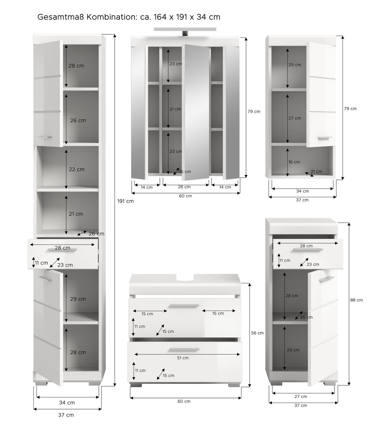 BADKOMBINATION 5tlg. Scout Bad in weiß Nachbildung und weiß hochglanz B/H/T: 164x191x34 cm - Weiß, Holz (164/191/37cm)
