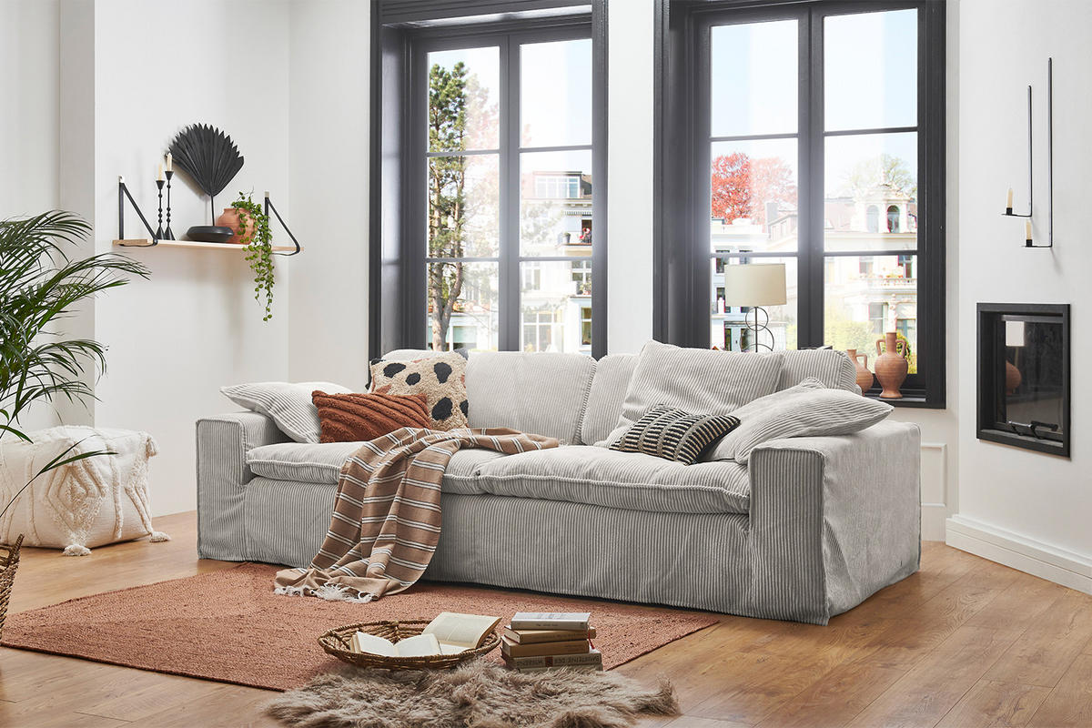 SOFA NETTA Hellgrau Cord - Hellgrau/Braun, Birkenholz/Textil (226/90/116cm) - KAWOLA