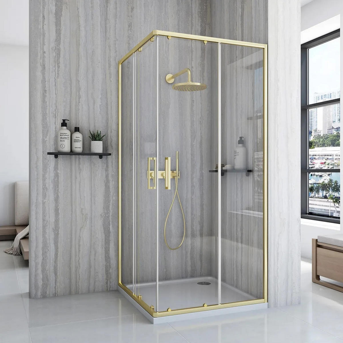 DUSCHKABINE Rea City 80x80 Gold Brush mit Duschwanne Savoy Schwarz - Goldfarben, Glas (80/80/190cm) - REA