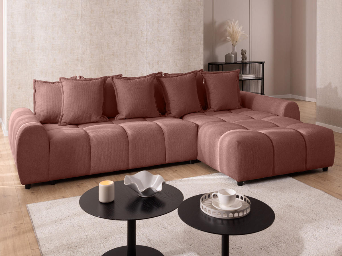 ECKSOFA Bubble mit losen Rückenkissen und Sitzfläche in Bubble-Optik aus weichem Terrakotta Strukturstoff mit schöner Sitzkomfort - Ottomane rechts - Terracotta/Schwarz, Holz/Kunststoff (180/306cm) - S-Style Möbel
