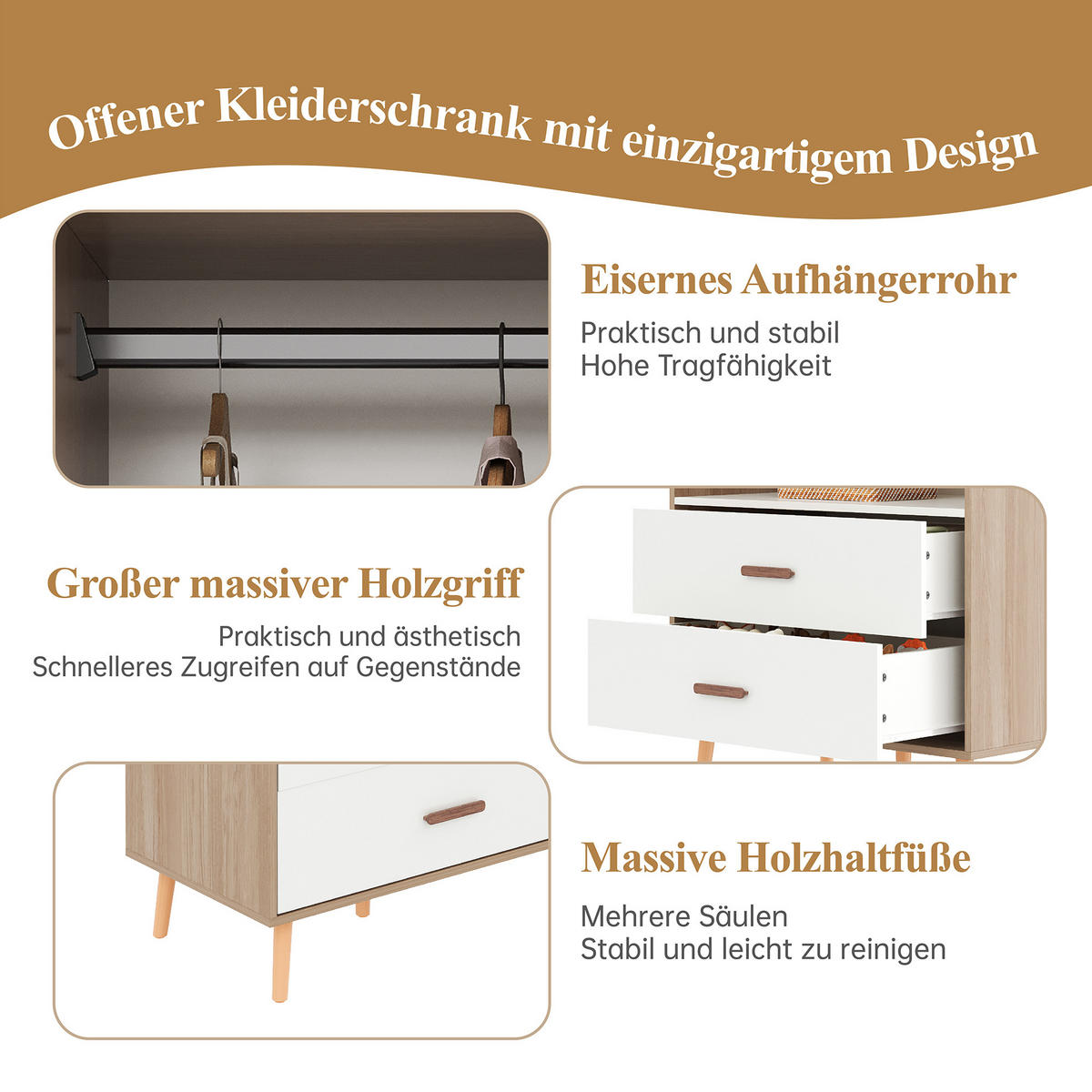 KLEIDERSCHRANK 80/141,5/46 cm Natur/Weiß aus MDF mit 2 Schubladen - Weiß, Holzwerkstoff (46/141.5/80cm) - OKMYHOME