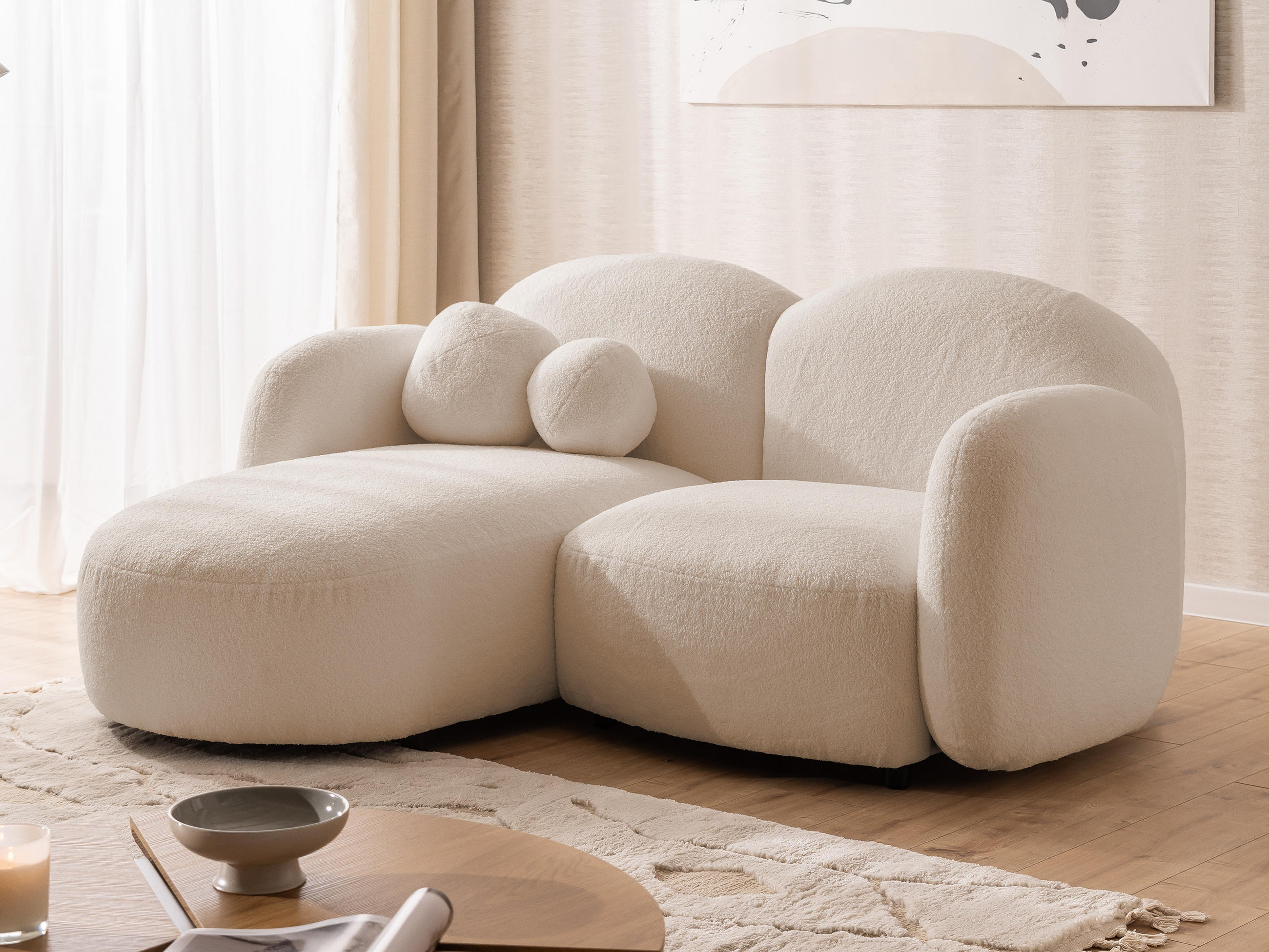 ECKSOFA Nuvola mit abgerundetem Design Hellbeige Bouclé-Stoff - Ottomane Links - Beige/Schwarz, Holz/Kunststoff (190/146cm) - S-Style Möbel