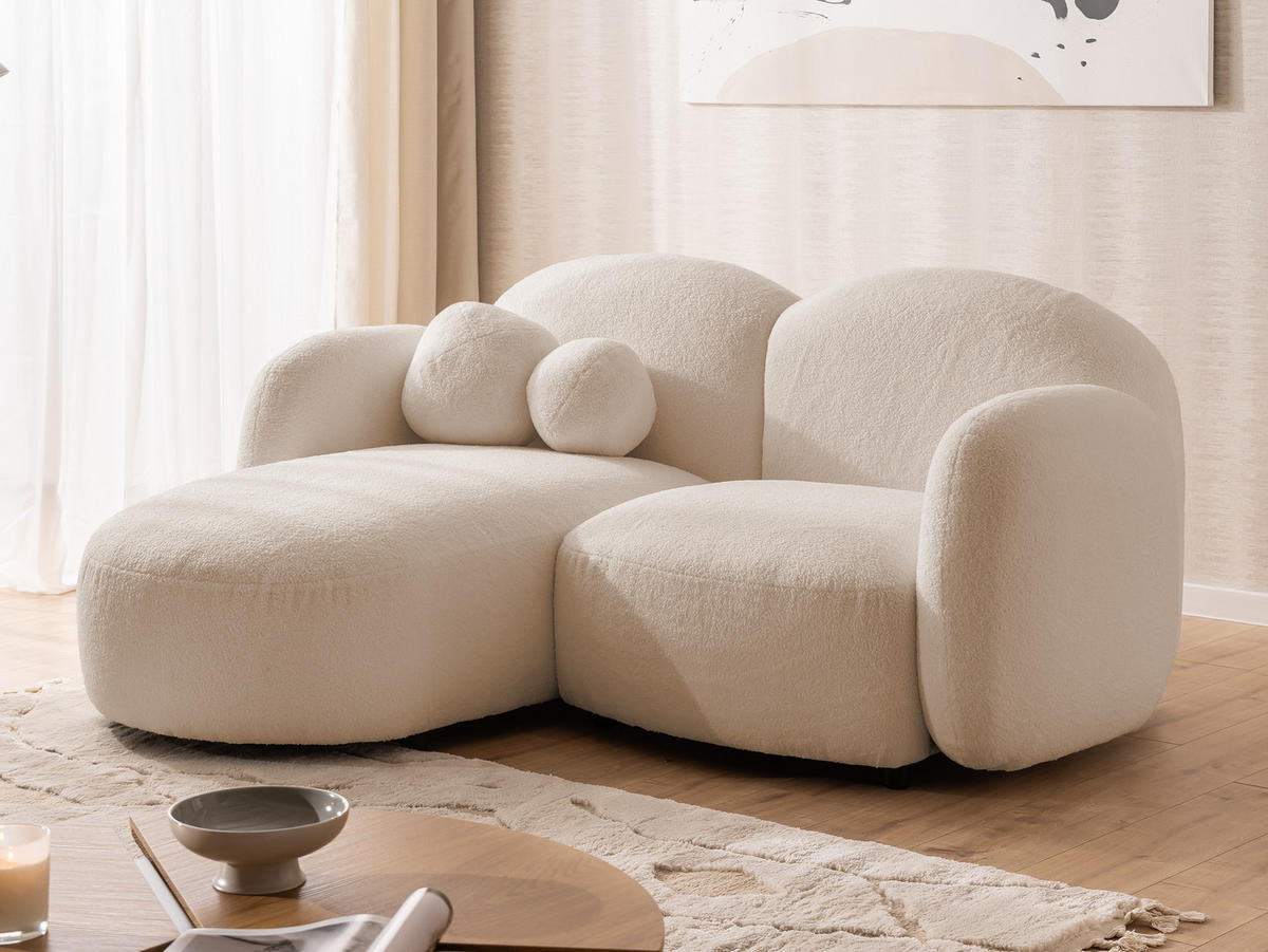 ECKSOFA Nuvola mit abgerundetem Design Hellbeige Bouclé-Stoff - Ottomane Links - Beige/Schwarz, Holz/Kunststoff (190/146cm) - S-Style Möbel
