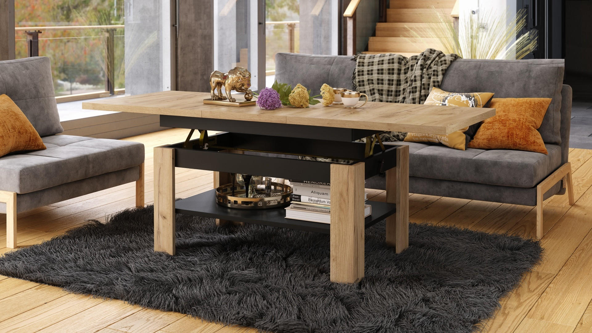 COUCHTISCH rechteckig Eiche Artisan - Schwarz ausziehbar höhenverstellbar - Schwarz/Eiche Artisan, Holzwerkstoff (65/130/58cm) - designimpex