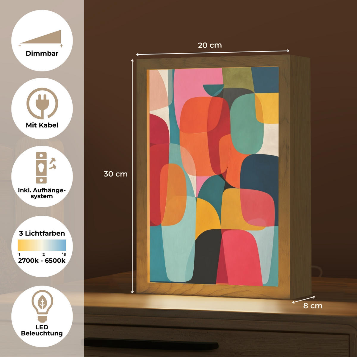 NÁSTĚNNÁ LAMPA Tvary - barevné - abstraktní - letadla 20x30 cm - různobarevná, kompozitní dřevo (20/30/8cm) - OnlyWow