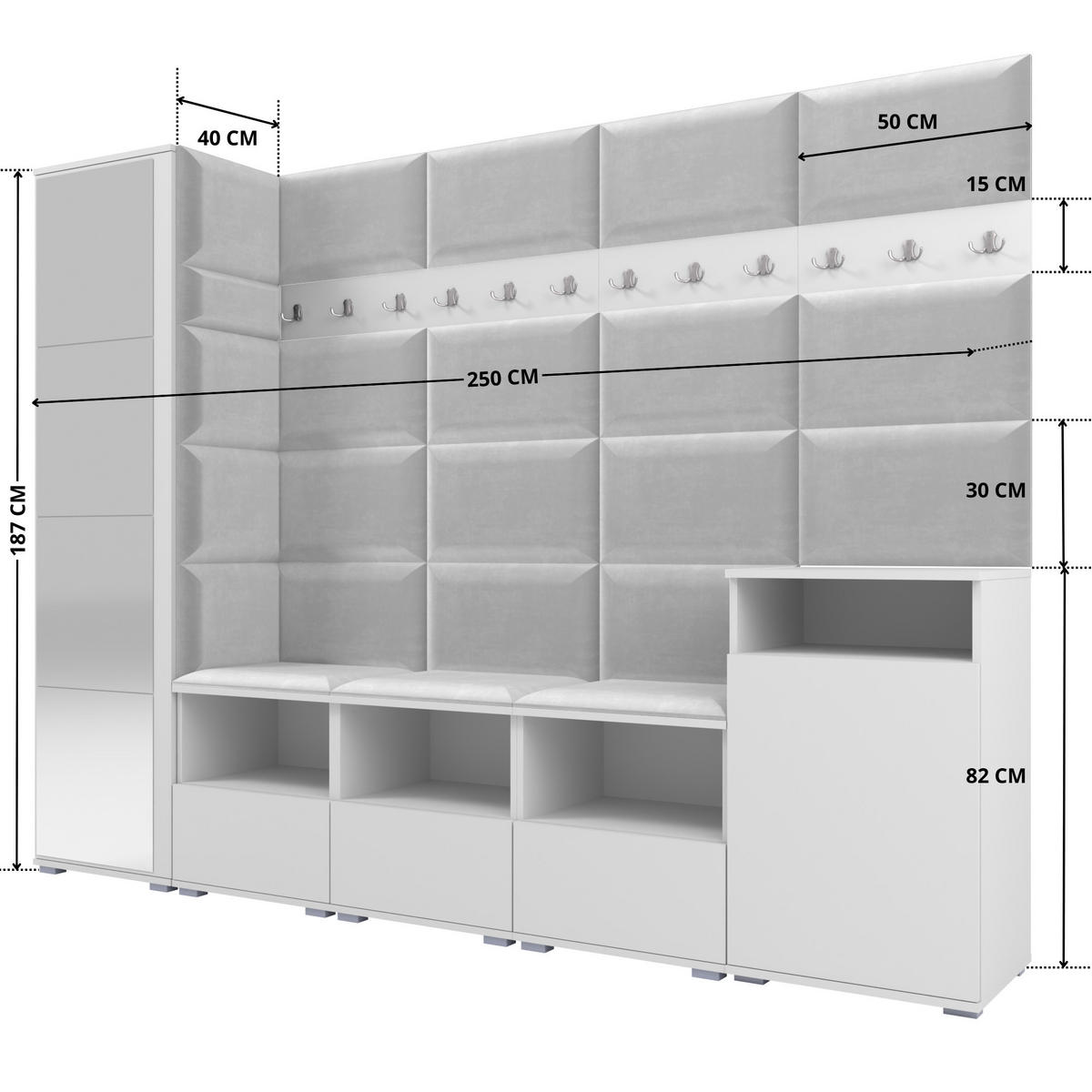GARDEROBE NELA XI 250 cm (Modulare Flurmöbel Weiß mit Spiegel & Sitzpolster Hellgrau 32 Großes Set) - Silberfarben/Hellgrau, Holz/Holzwerkstoff (250/187/40cm) - Ravio
