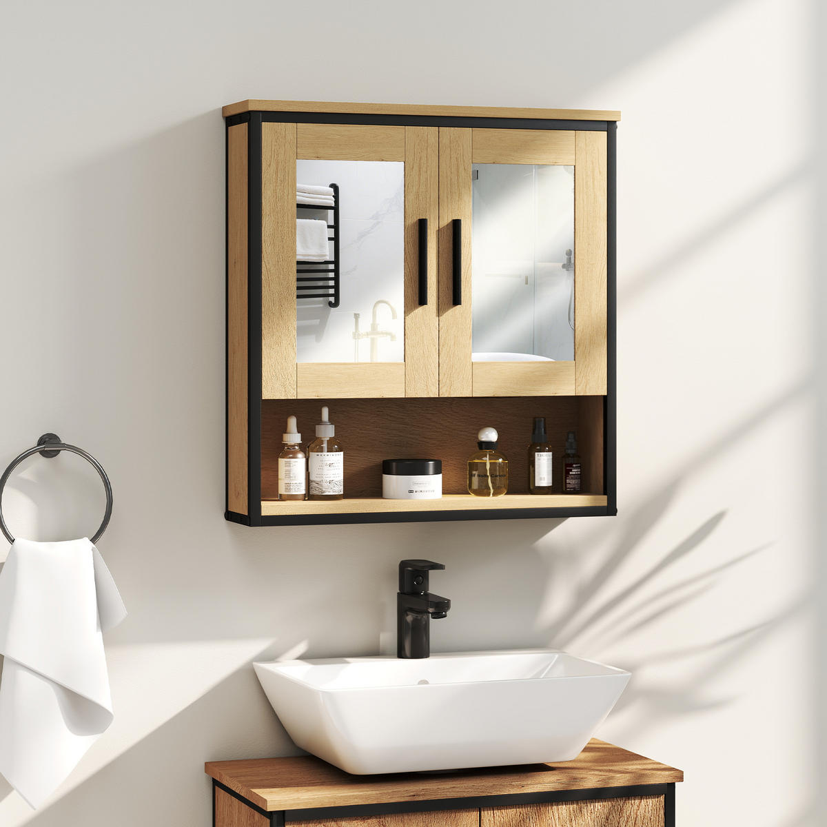 SPIEGELSCHRANK Eichenfarbe und Schwarz 56/13/60 cm - Eichefarben, Holzwerkstoff (56/60/13cm) - PANGIVO