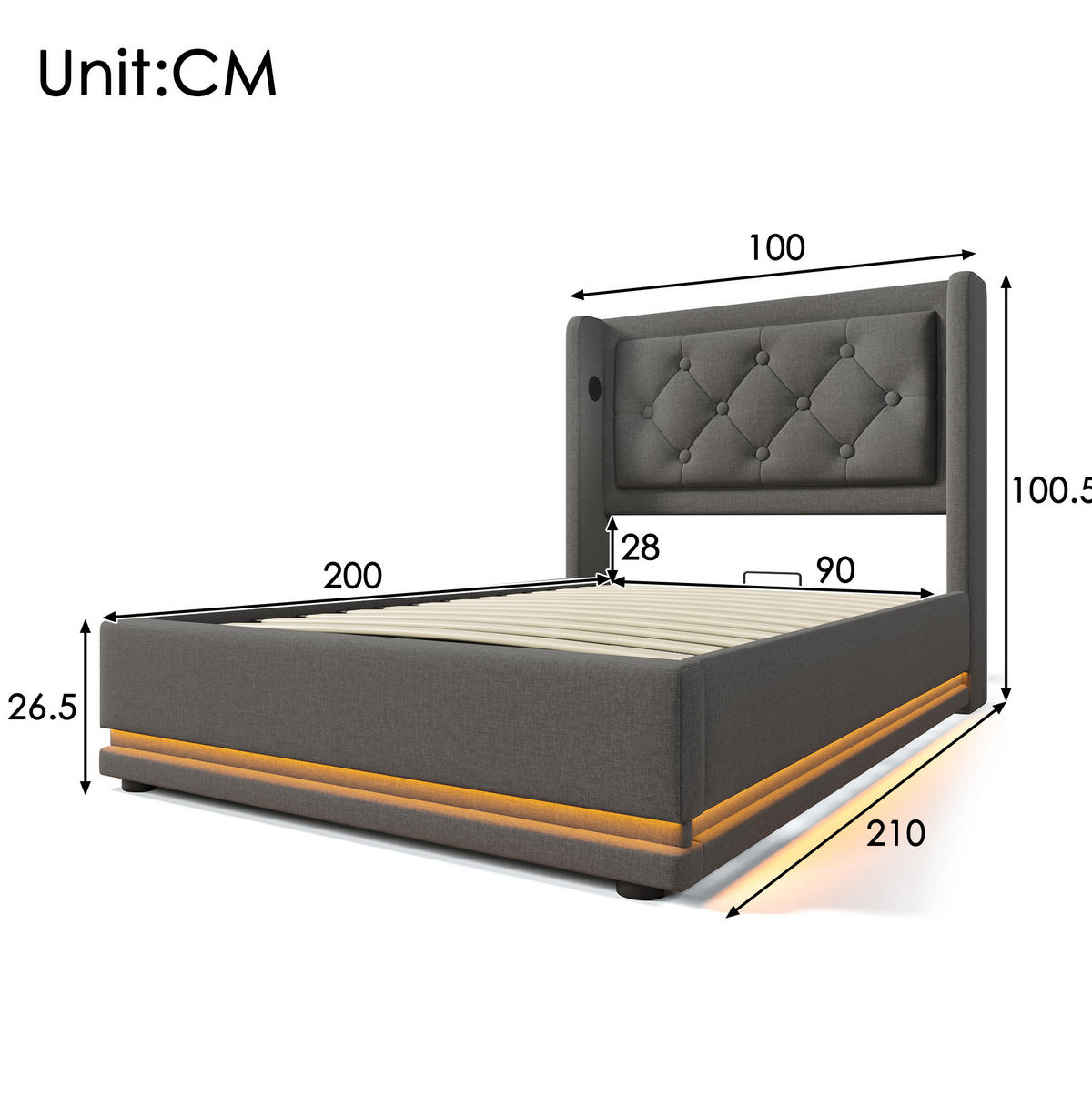 POLSTERBETT 90/200 cm Grau aus Baumwolle mit LED und USB-C - Grau, Textil (90/200cm) - OKMYHOME