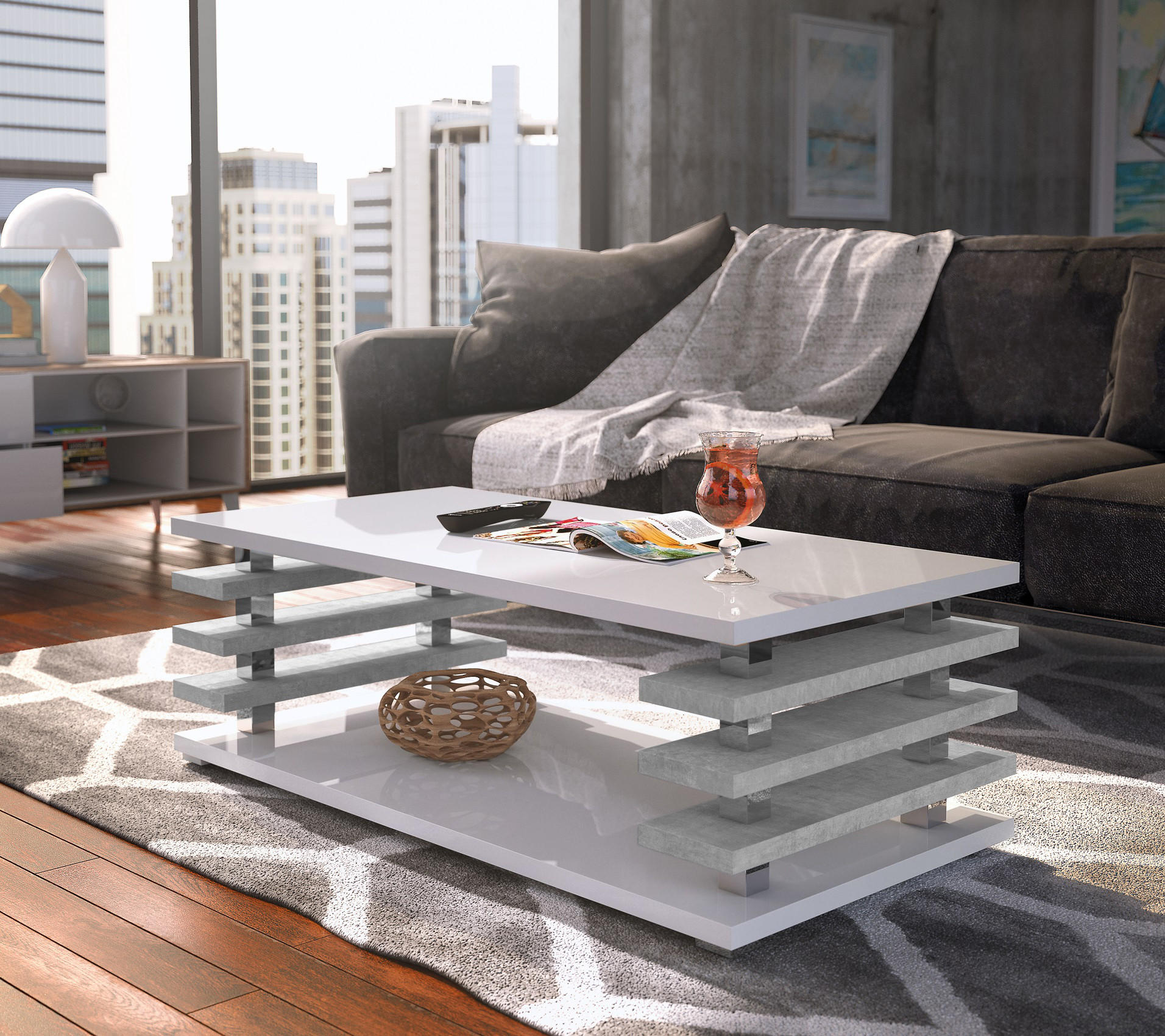 COUCHTISCH rechteckig Weiß Hochglanz - Beton Ablage 120/40/60 cm - Weiß Hochglanz/Hellgrau, Holzwerkstoff (60/120/40cm) - designimpex