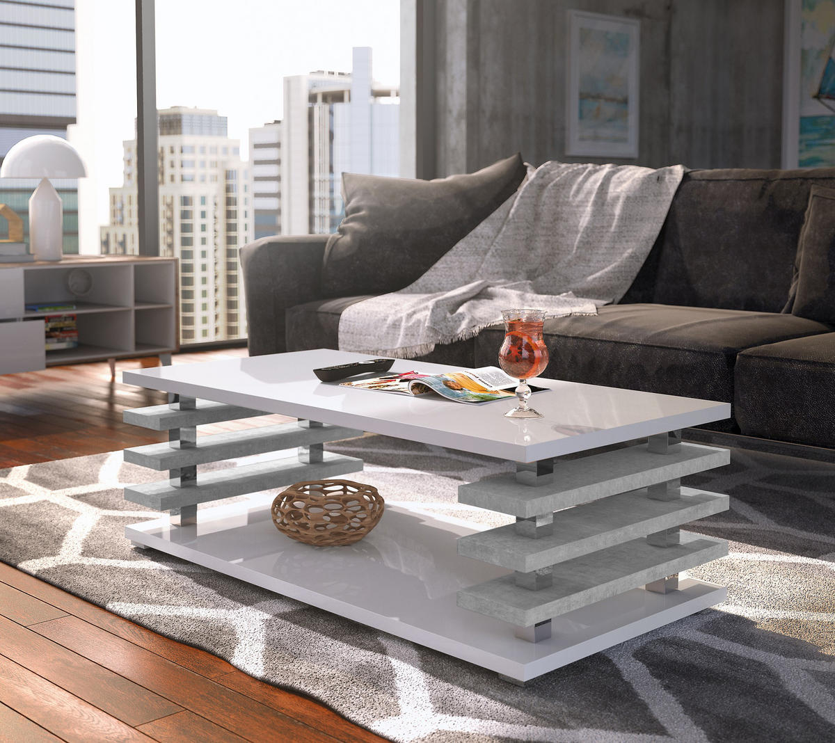 COUCHTISCH rechteckig Weiß Hochglanz - Beton Ablage 120/40/60 cm - Weiß Hochglanz/Hellgrau, Holzwerkstoff (60/120/40cm) - designimpex