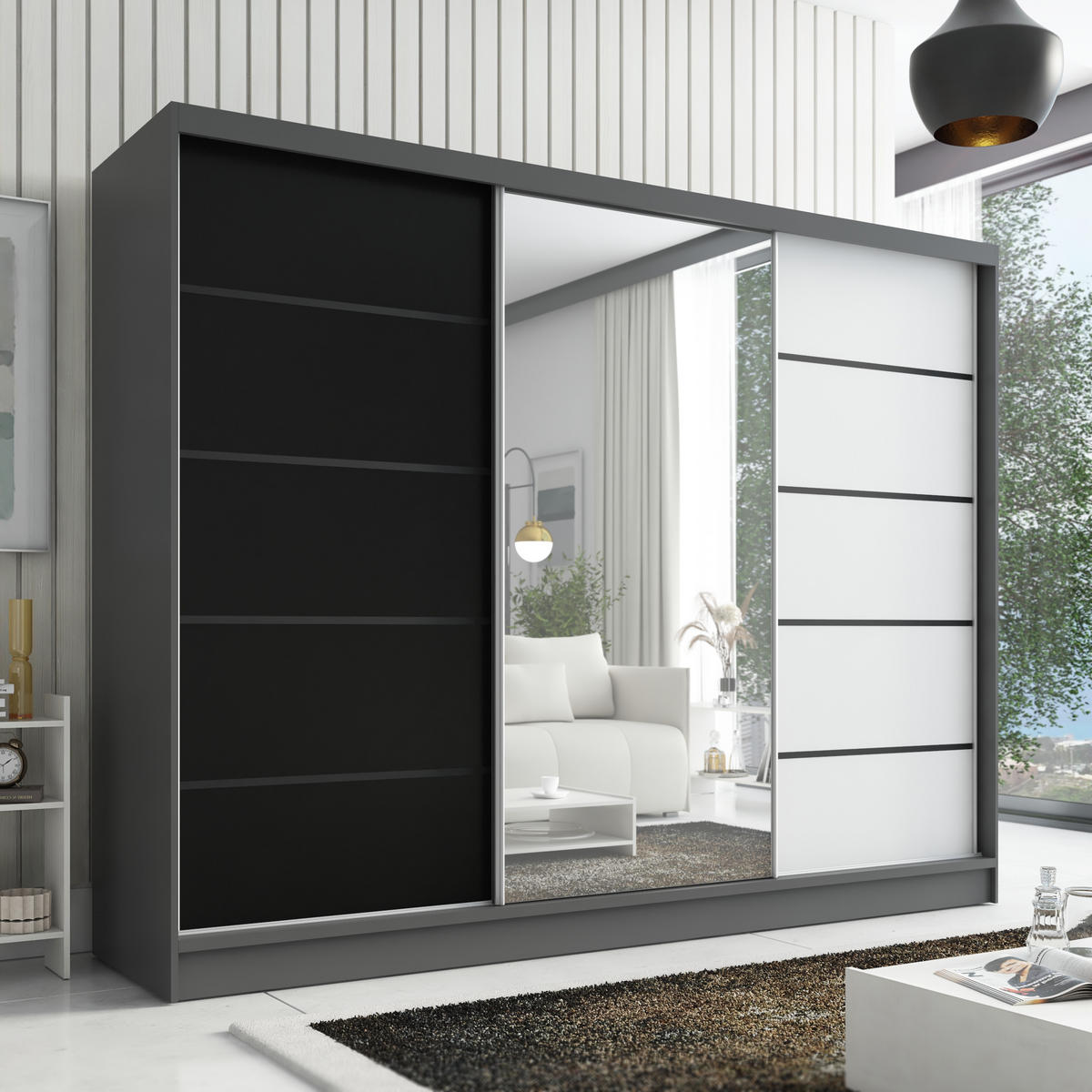 SCHWEBETÜRENSCHRANK 200 cm AURELIA 2 Farbe: Graphit, Schwarz, Weiß - Graphitfarben/Schwarz, Holzwerkstoff (200/215/60cm) - A&J MöbelLand