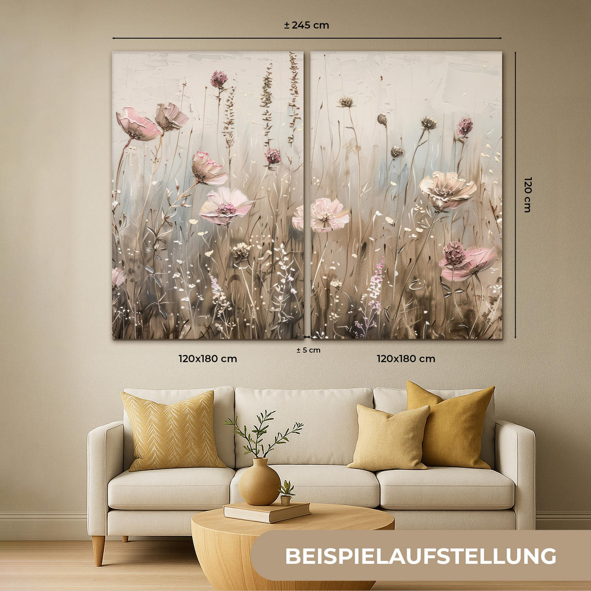 LEINWANDBILD 2er Set Blumen - Beige - Modern - Rosa 240x180 cm - Ecru, Textil (240/180cm) - MuchoWow
