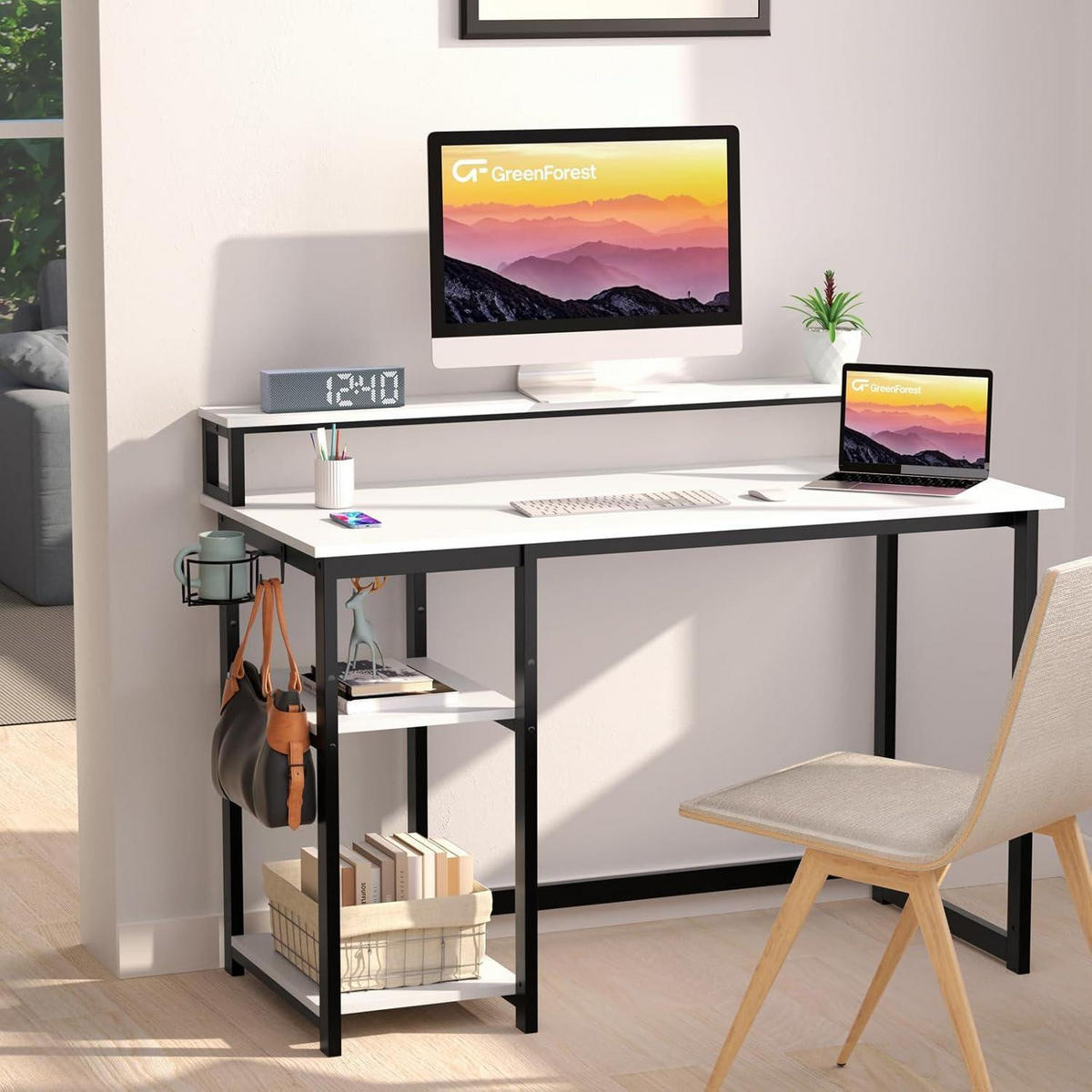 SCHREIBTISCH Weiß mit Regal und Monitorständer 120 x 55 cm - Weiß, Metall (120/55/75cm)
