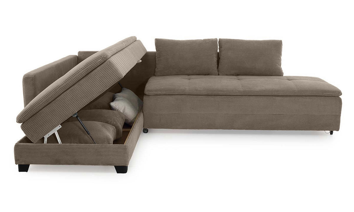 ECKSOFA-DAUERSCHLÄFER Doppelbett Boxspring Federkern Topper, seitenverkehrt montierbar B306/T223/H95 cm, Cord Braun Taupe / 15162 - Taupe/Schwarz, Kunststoff/Textil (306/223cm) - luma-home
