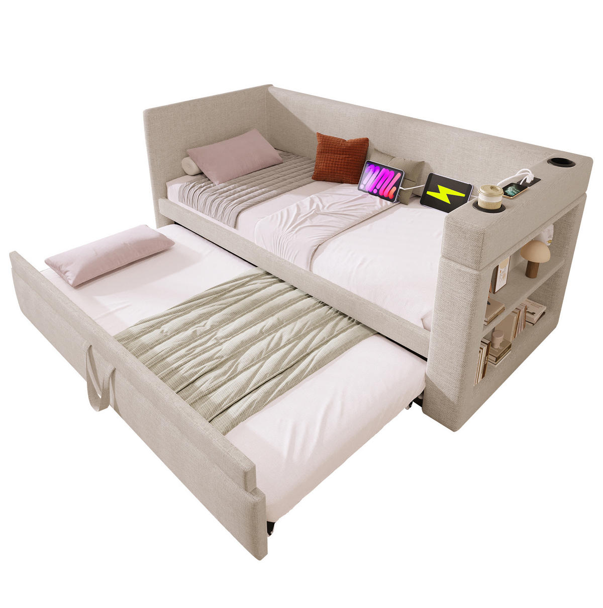 ROZKLÁDACÍ postel 90/190 cm béžová z bavlny a lnu s výsuvným lůžkem a USB nabíjením - béžová, textil (90/190cm) - OKWISH