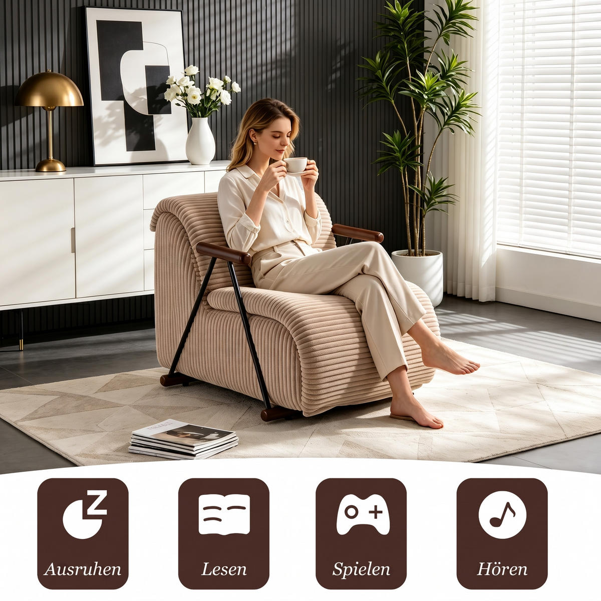 XXL-SESSEL mit Armlehnen, Cord Loungesessel, Ergonomisch, Hellbraun - Hellbraun, Textil/Metall (71/75/100cm) - LVHOM