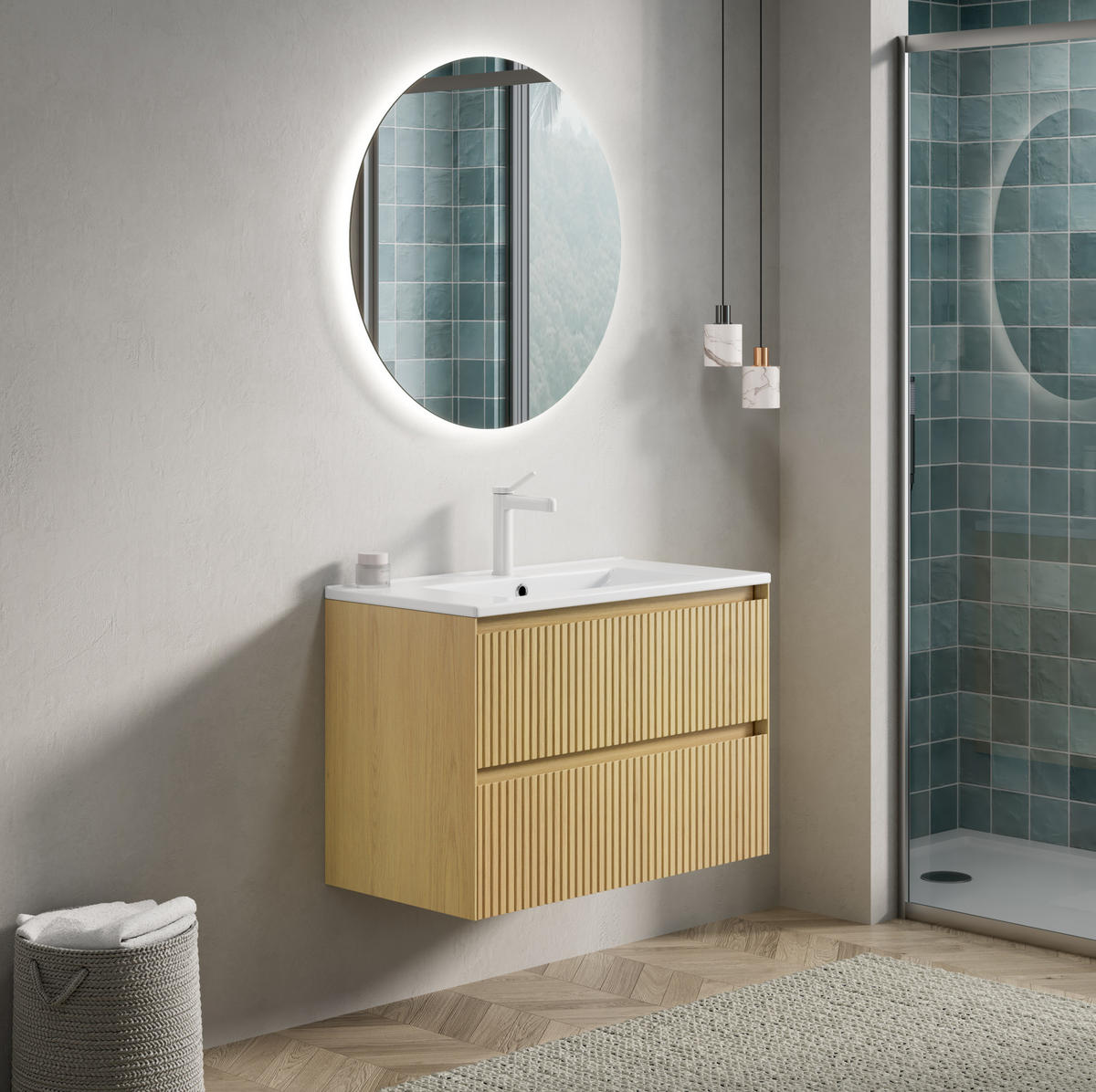 BADEZIMMERSCHRANK 75x39x51.5 cm Goldene Eiche & Weiß aus Keramik mit 2 Schubladen - Eichefarben, Keramik (75/51.5/39cm) - Modfu