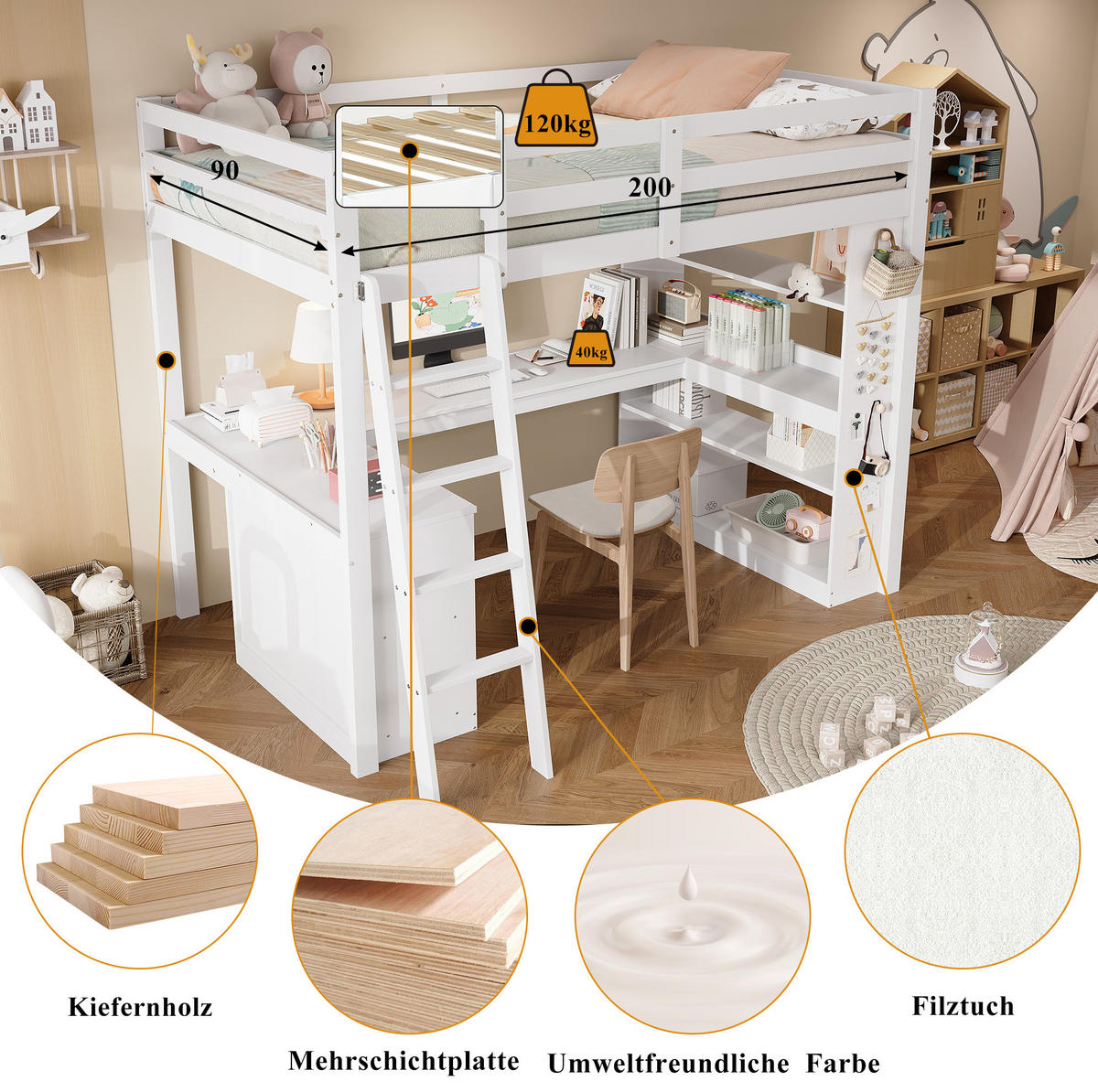 HOCHBETT 90/200 cm aus Kiefer und Holzwerkstoff mit Ablageregal Weiß - Weiß, Holz (90/200cm) - Modenvie