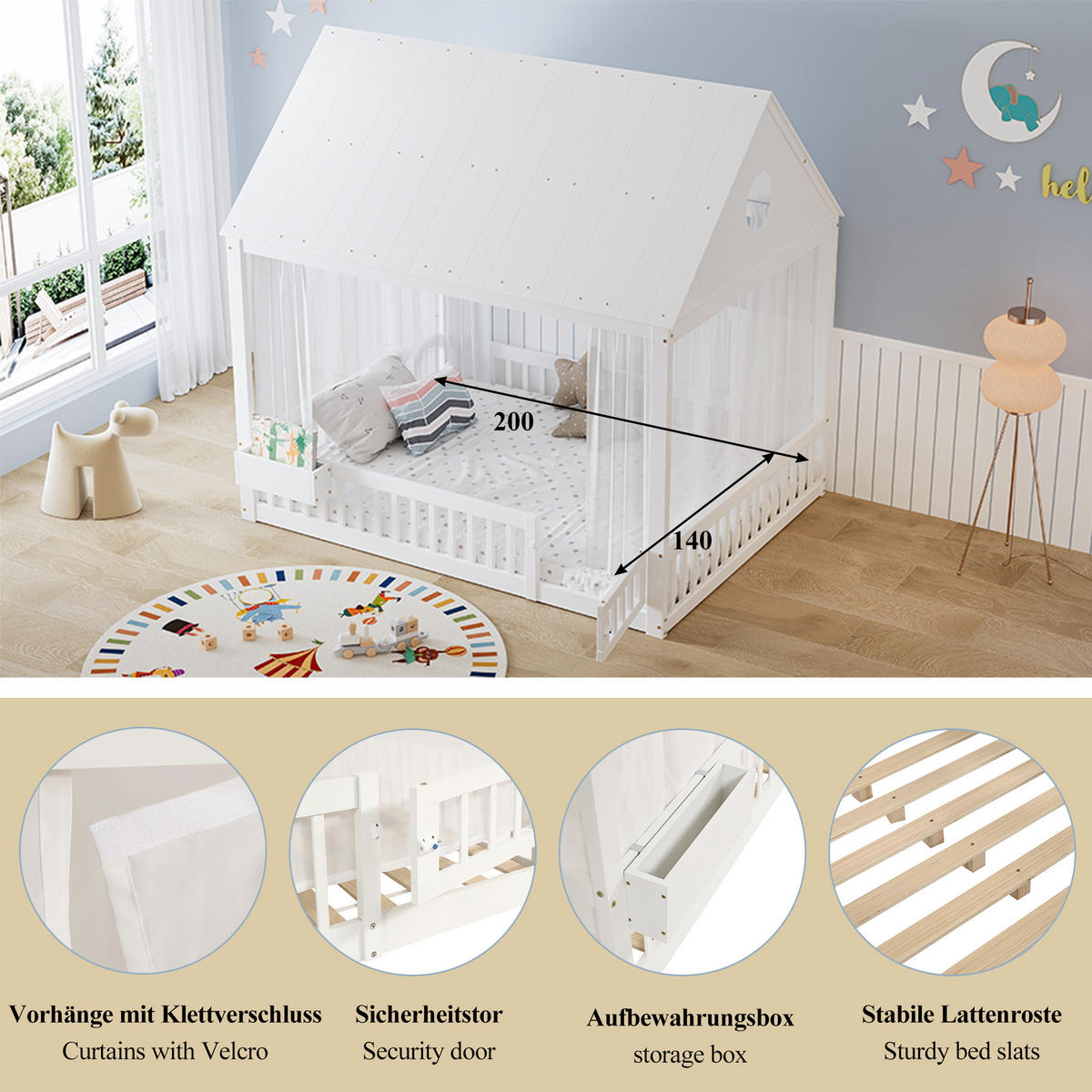 KINDERBETT 140x200 cm Hausdesign Vorhang - Weiß, Holz (140/200cm) - LEBENLANG