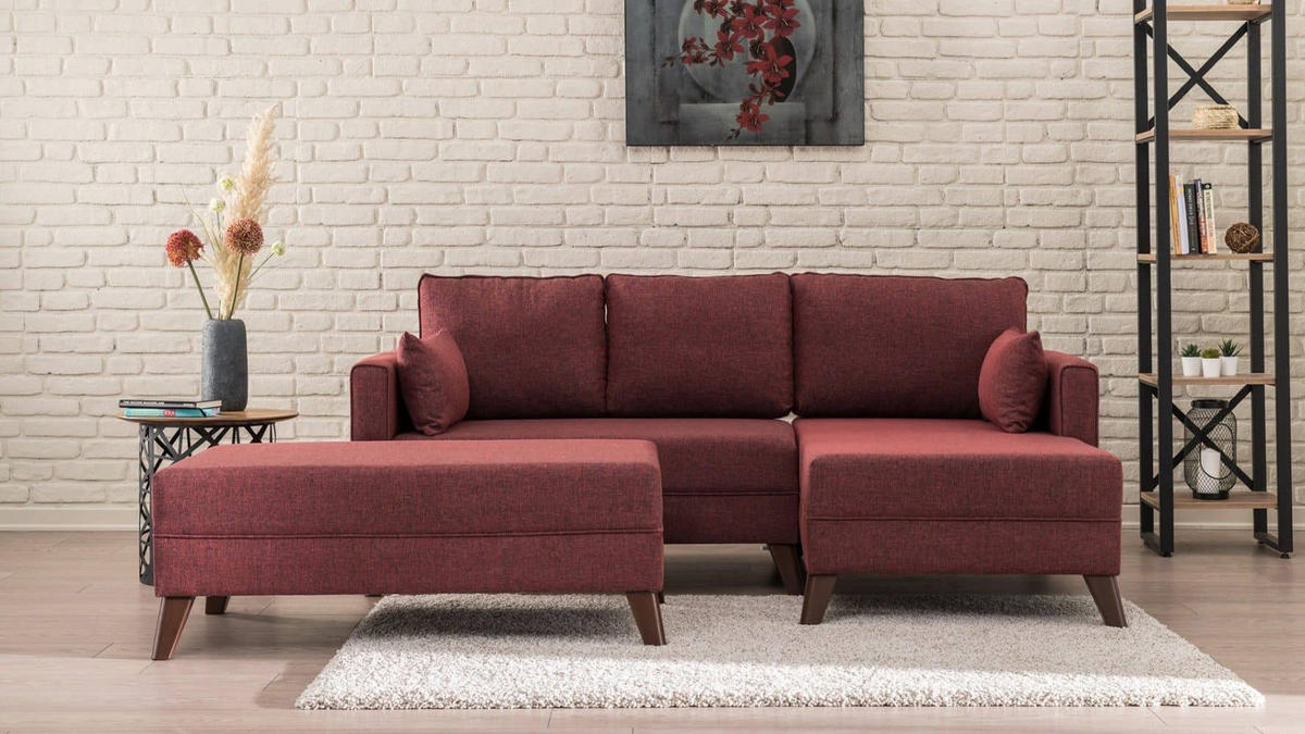 ECKSOFA mit Hocker als Schlaffläche, perfekt für kleine Räume - Rot/Braun, Holz/Kunststoff (140/205cm) - myHomelando