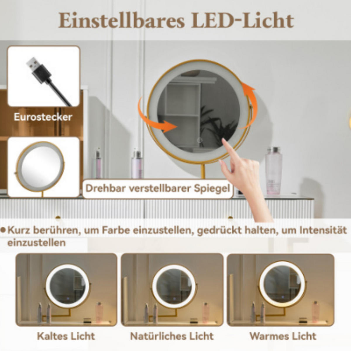 SCHMINKTISCH mit verstellbarem LED-Spiegel und Glasplatte - Weiß, Holzwerkstoff (45/115/120cm) - Vallsero