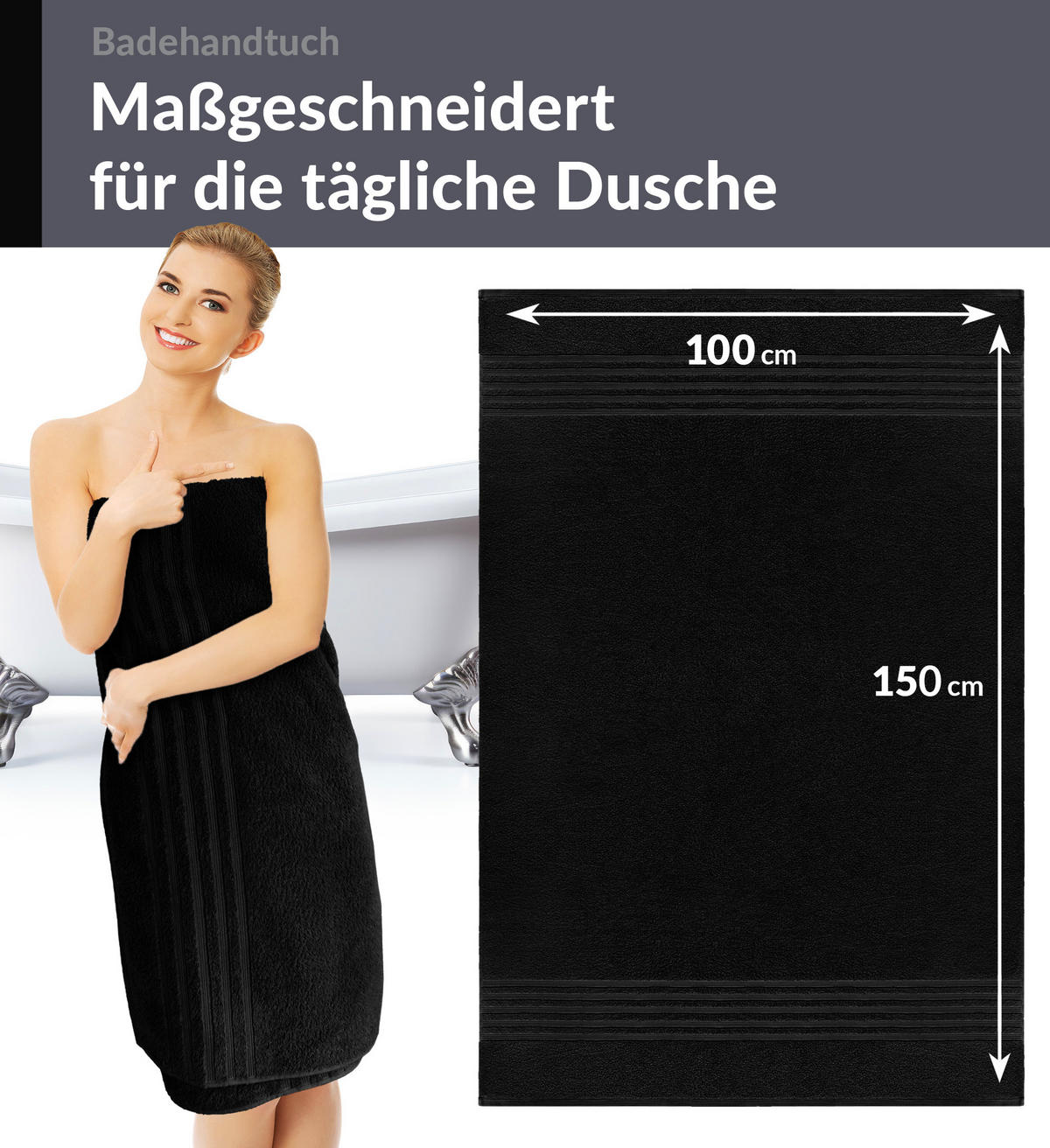 BADETUCH London Schwarz 2er Set 100x150 - Schwarz, Textil (100/150cm) - Lashuma