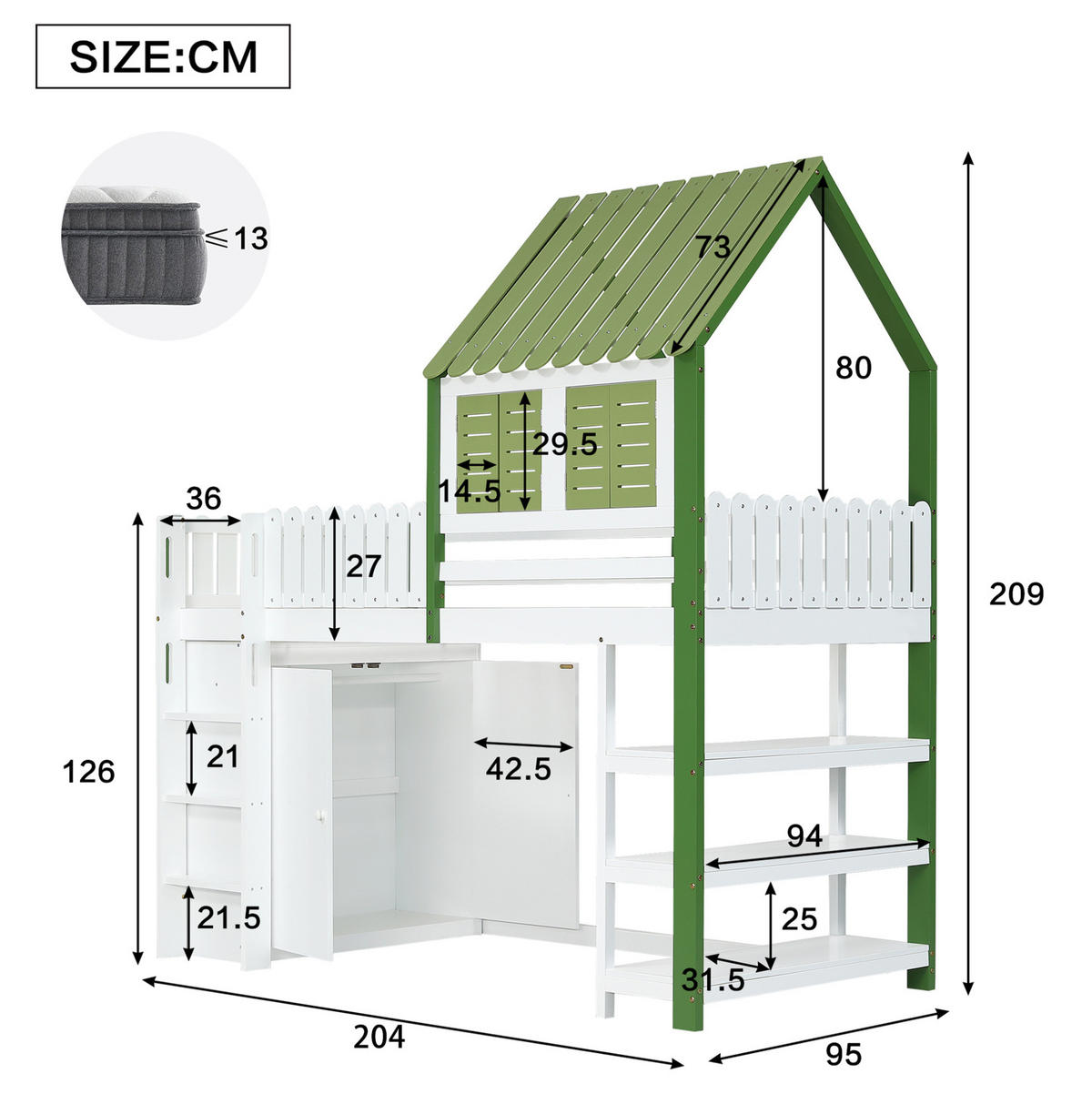 HOCHBETT 90/200 cm aus Kiefer/MDF mit Dach, Fenstern, Kleiderschrank und Regal, Weiß/Grün - Weiß, Holzwerkstoff (90/200cm) - Redom