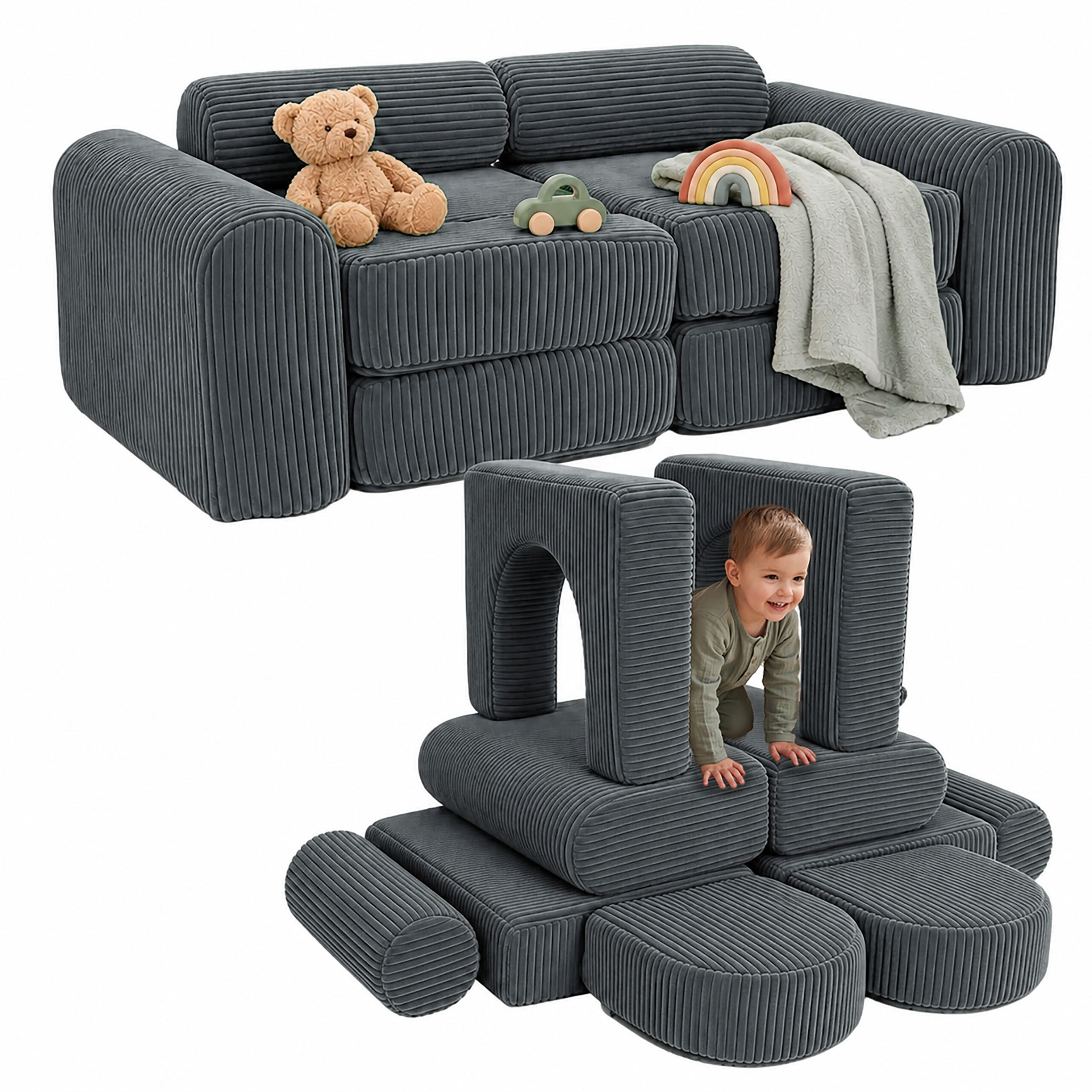 KINDERSOFA Anthrazit modular 10-tlg. - Anthrazit, Kunststoff/Textil (108/32/50cm) - Relaxdays